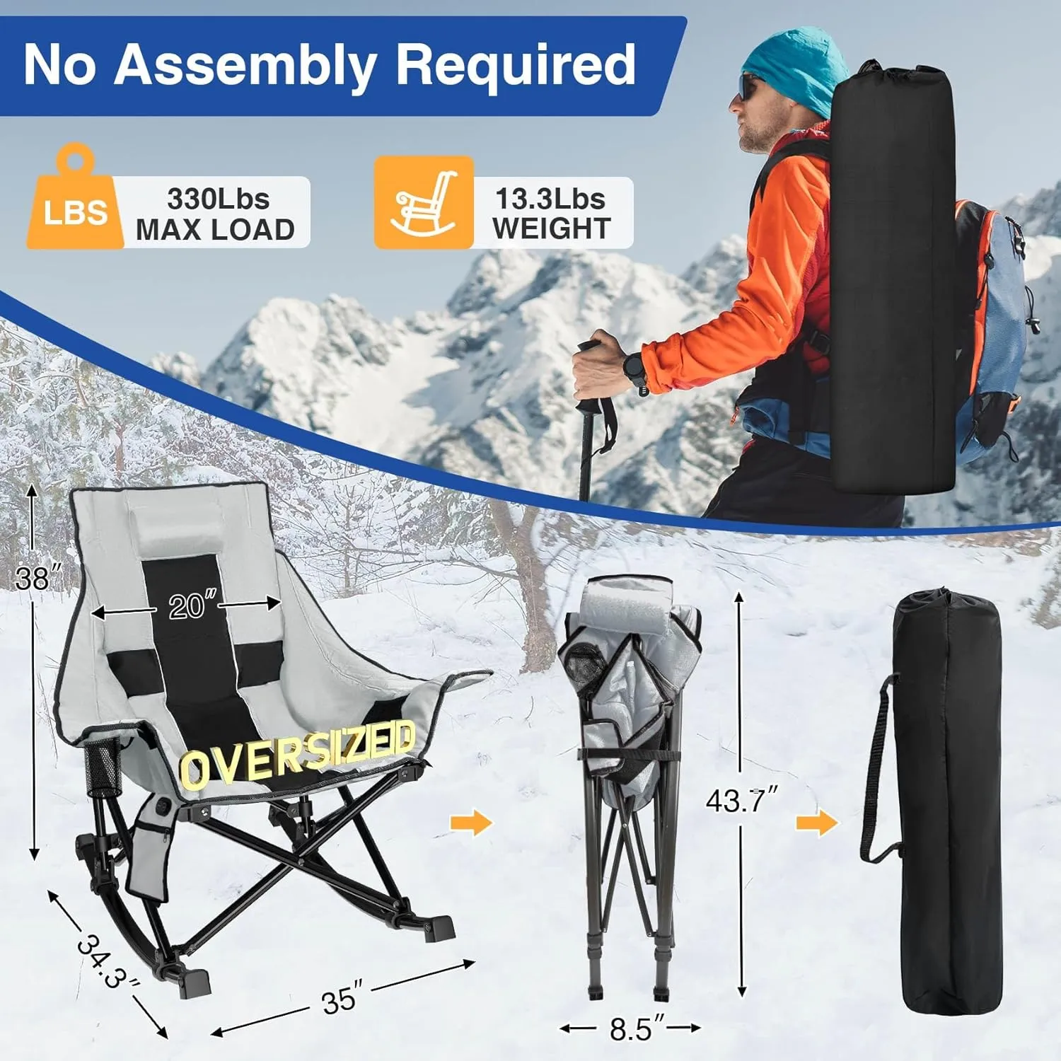 Slendor Heated Rocking Chair, Oversized Camping Chair w/ 3 Levels Back Seat Heat, Heated Rocker Chairs with Pillow, Side Pocket, Padded Carry Bag, Gray