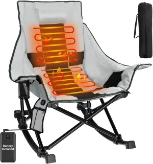 Slendor Heated Rocking Chair, Oversized Camping Chair w/ 3 Levels Back Seat Heat, Heated Rocker Chairs with Pillow, Side Pocket, Padded Carry Bag, Gray