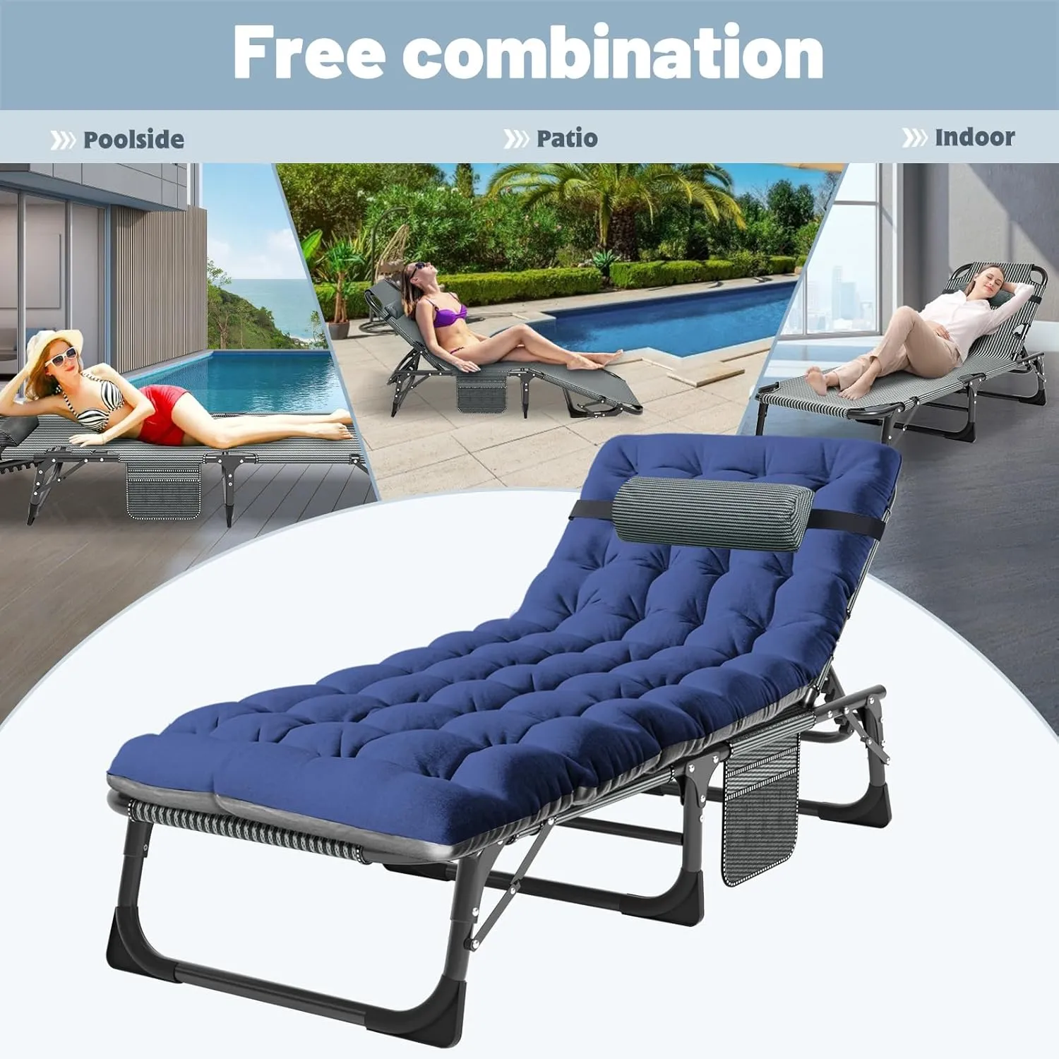 Slsy Folding Lounge Chairs Outdoor, Adjustable Sleeping Cot Chair, Portable Folding Bed Cot Chaise Lounge Chairs for Outside Beach Lawn Camping Pool Sun Tanning
