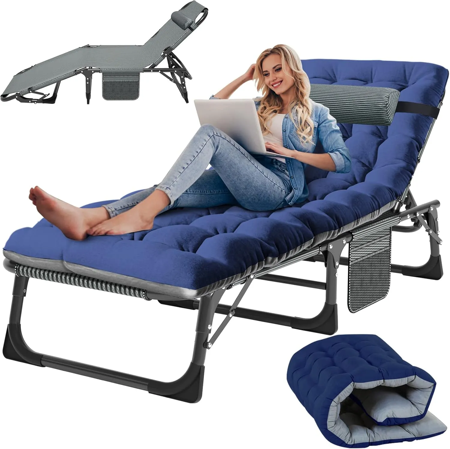 Slsy Folding Lounge Chairs Outdoor, Adjustable Sleeping Cot Chair, Portable Folding Bed Cot Chaise Lounge Chairs for Outside Beach Lawn Camping Pool Sun Tanning
