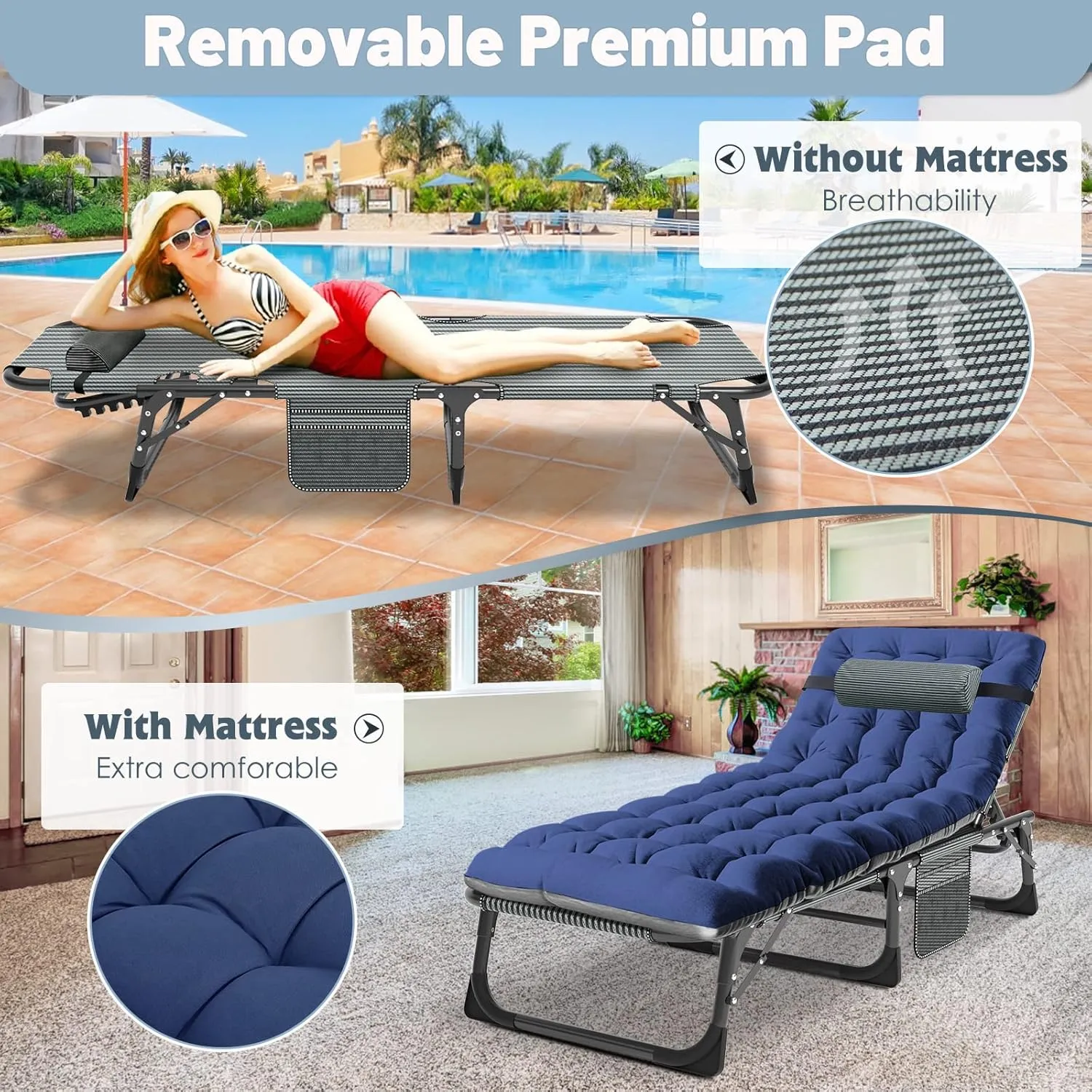 Slsy Folding Lounge Chairs Outdoor, Adjustable Sleeping Cot Chair, Portable Folding Bed Cot Chaise Lounge Chairs for Outside Beach Lawn Camping Pool Sun Tanning