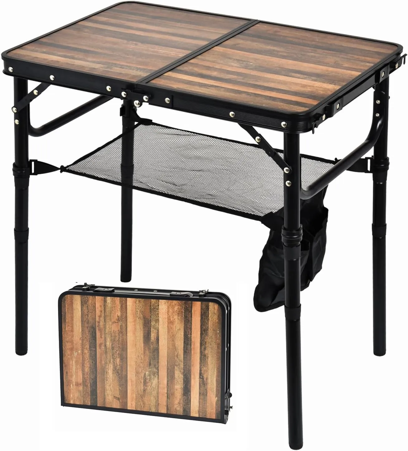 Small Folding Camping Table, 2ft Portable Picnic Table Aluminum 24" x 16" Folding Table, 3 Adjustable Heights Portable Lightweight Table Dining Table for RV, Picnic, Beach (Wood Grain)