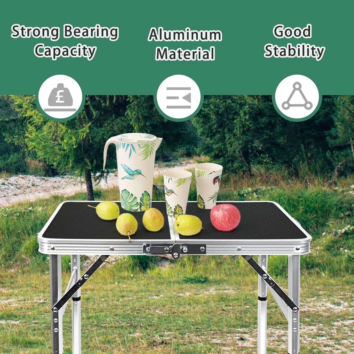 Small Folding Table Portable 2ft Lightweight Camping Table Adjustable Heights Beach Tables Collapsible Dinning Table for Indoor Outdoor Cooking Picnic Party BBQ (Black, 23.4")