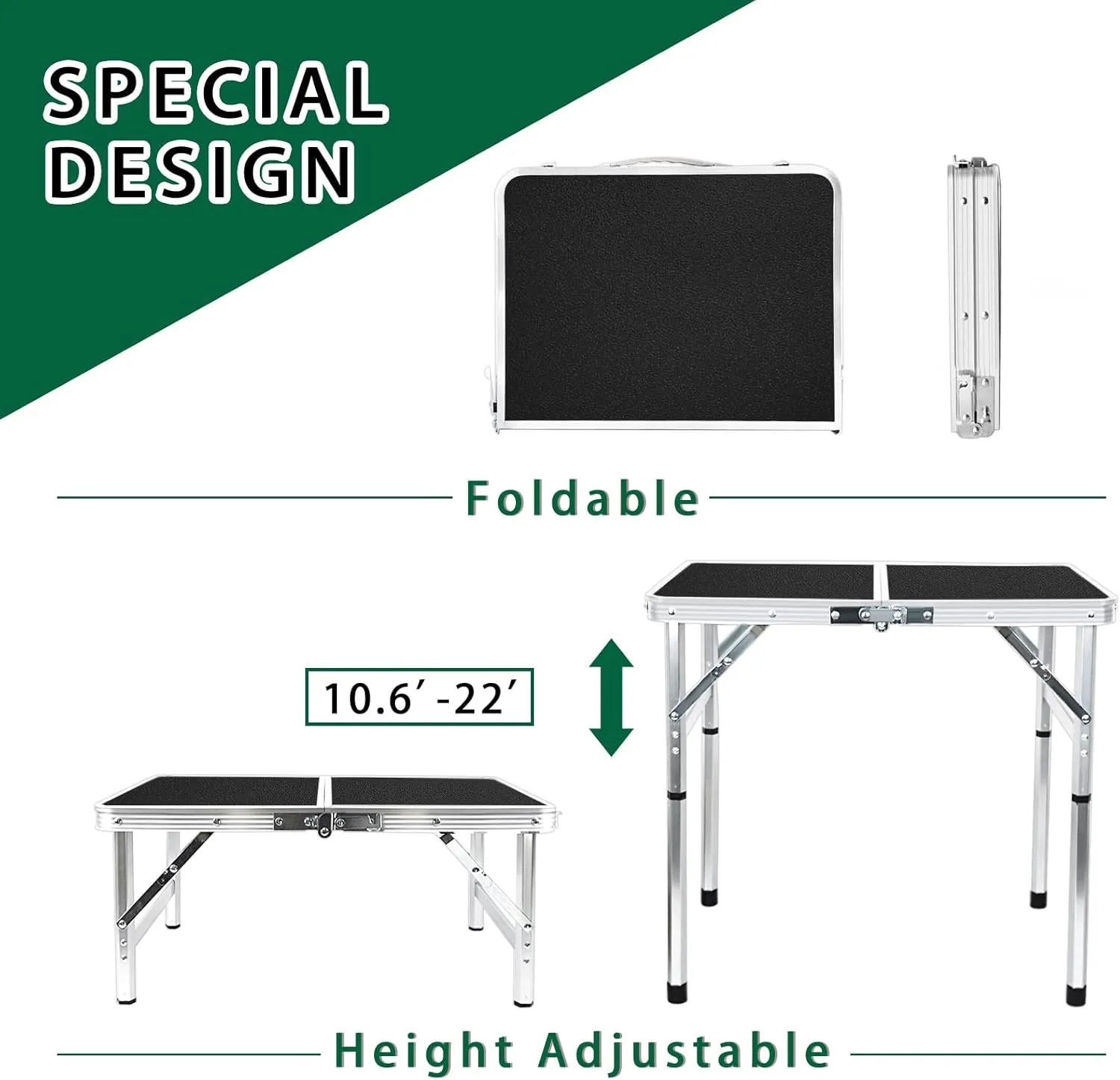 Small Folding Table Portable 2ft Lightweight Camping Table Adjustable Heights Beach Tables Collapsible Dinning Table for Indoor Outdoor Cooking Picnic Party BBQ (Black, 23.4")