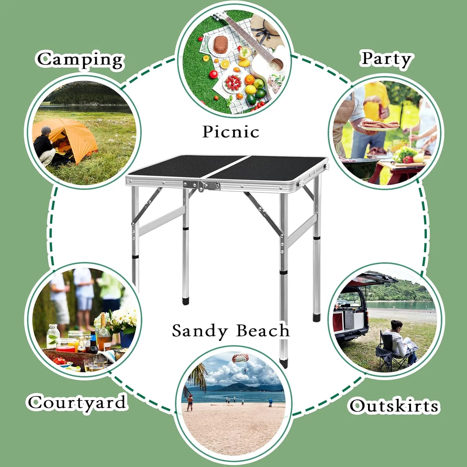 Small Folding Table Portable 2ft Lightweight Camping Table Adjustable Heights Beach Tables Collapsible Dinning Table for Indoor Outdoor Cooking Picnic Party BBQ (Black, 23.4")
