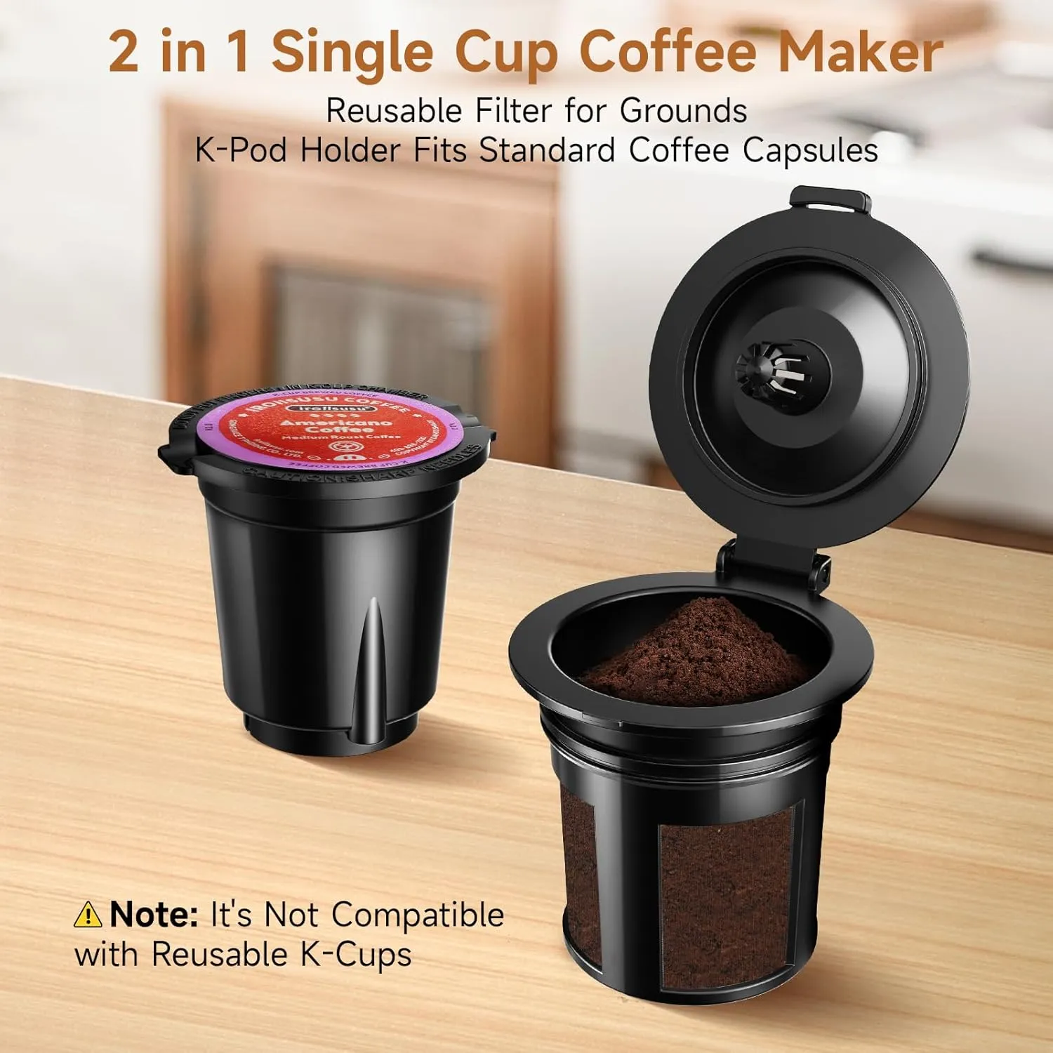 Small Single Serve Coffee Maker, Fast Brew One Cup Coffee Machine for K Cup and Grounds, 6 to 12 oz. Brew Sizes, Capsule Coffee Machine with Descaling Reminder and Viewing Tank, Black