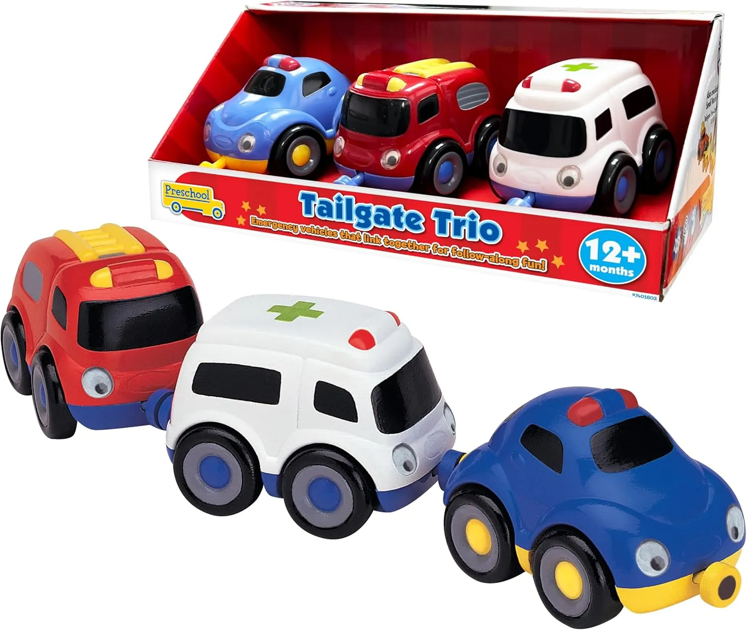 Small World Toys Emergency Vehicle Toys, Magnetic Tailgate Trio Cars For Toddlers 1-3, Preschool Mini Car Toys, Fire Engine, Police Car & Ambulance, Toy Car Gifts for Boys and Girls