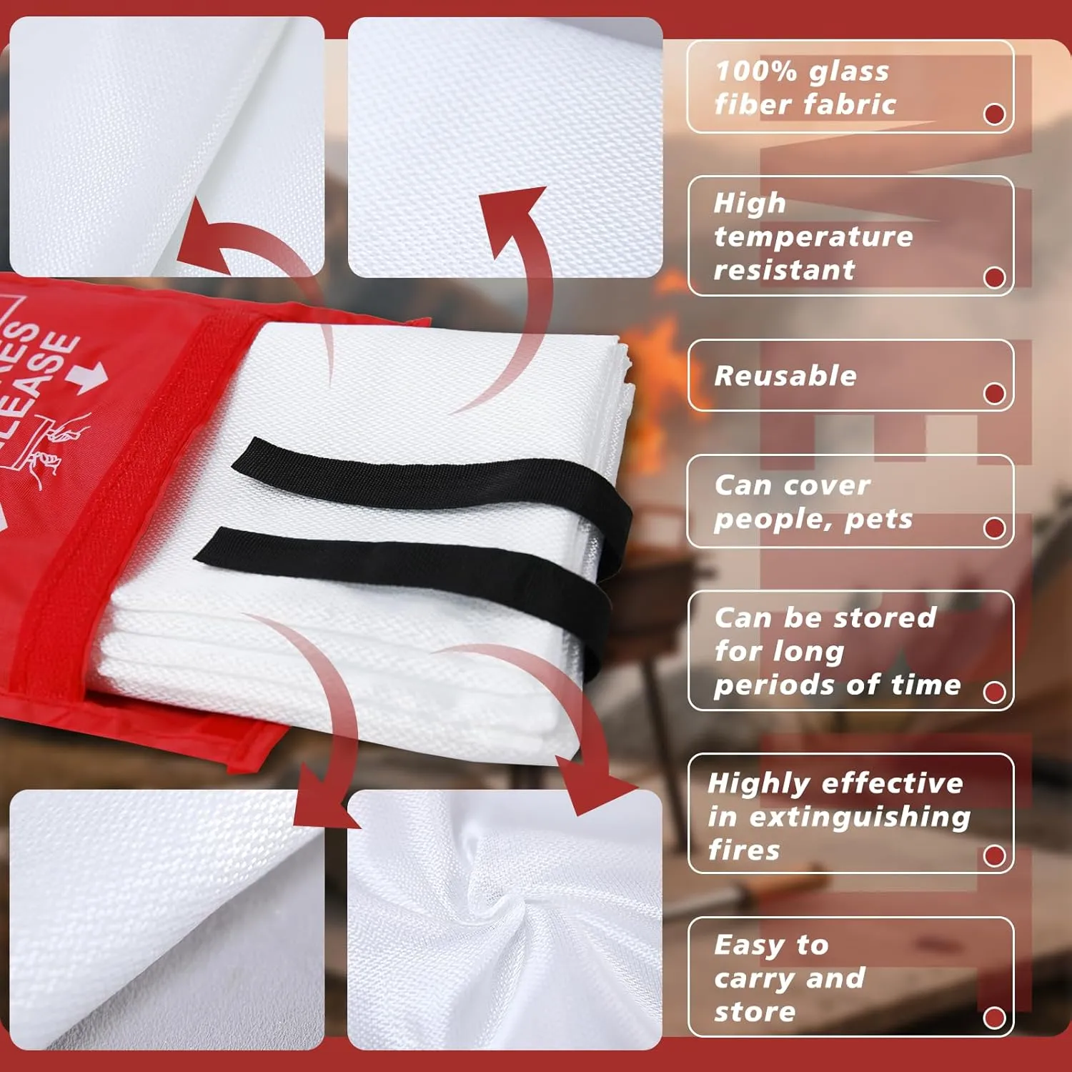 Smilco Emergency Fire Blanket for Home & Kitchen - 40x40 Flame-Retardant Fiberglass Fire Suppression Blankets, 4-Pack for Bedroom, Camping, BBQ & Emergency Safety (White)