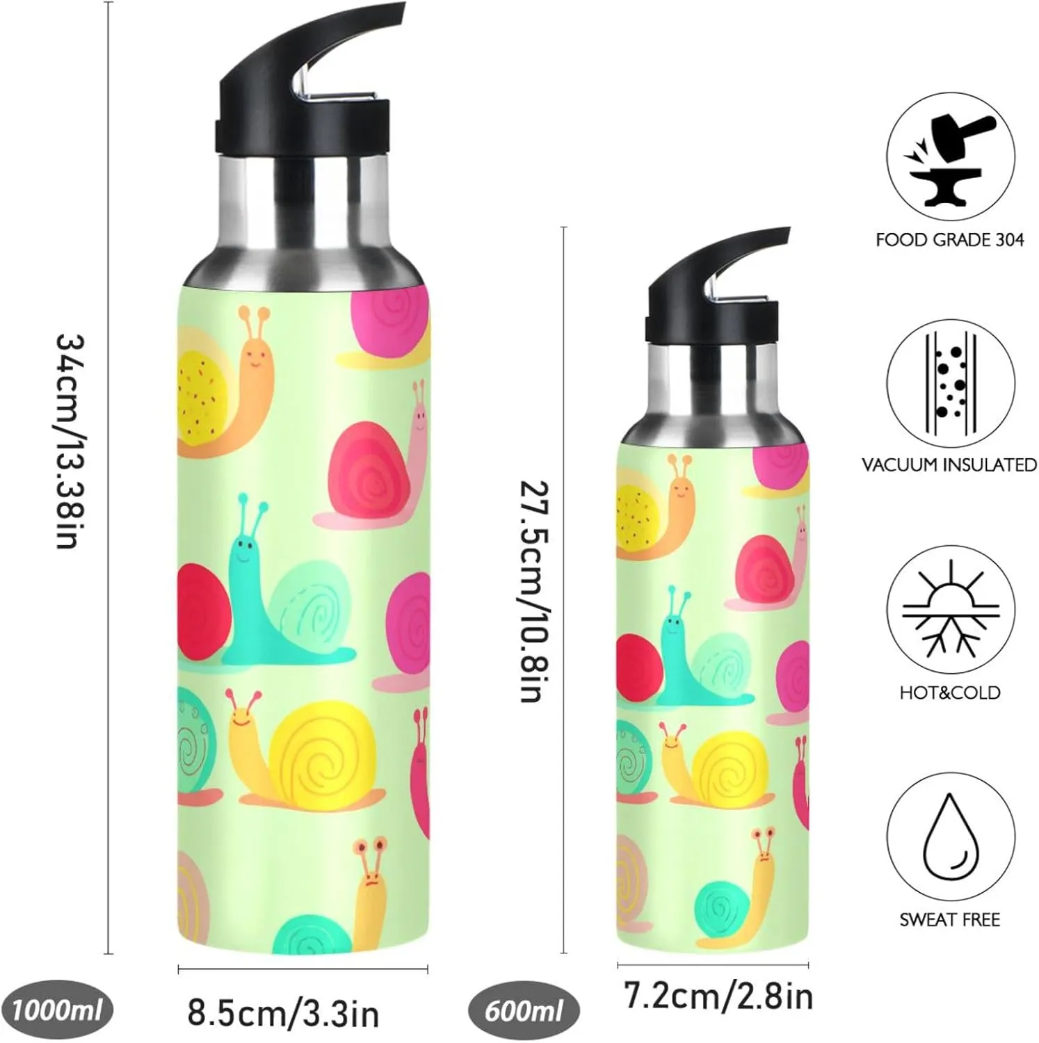 Snail Sports Water Bottle with Straw, 22oz BPA Free Stainless Steel Vacuum Insulated Bottle for Gym Fitness Outdoor