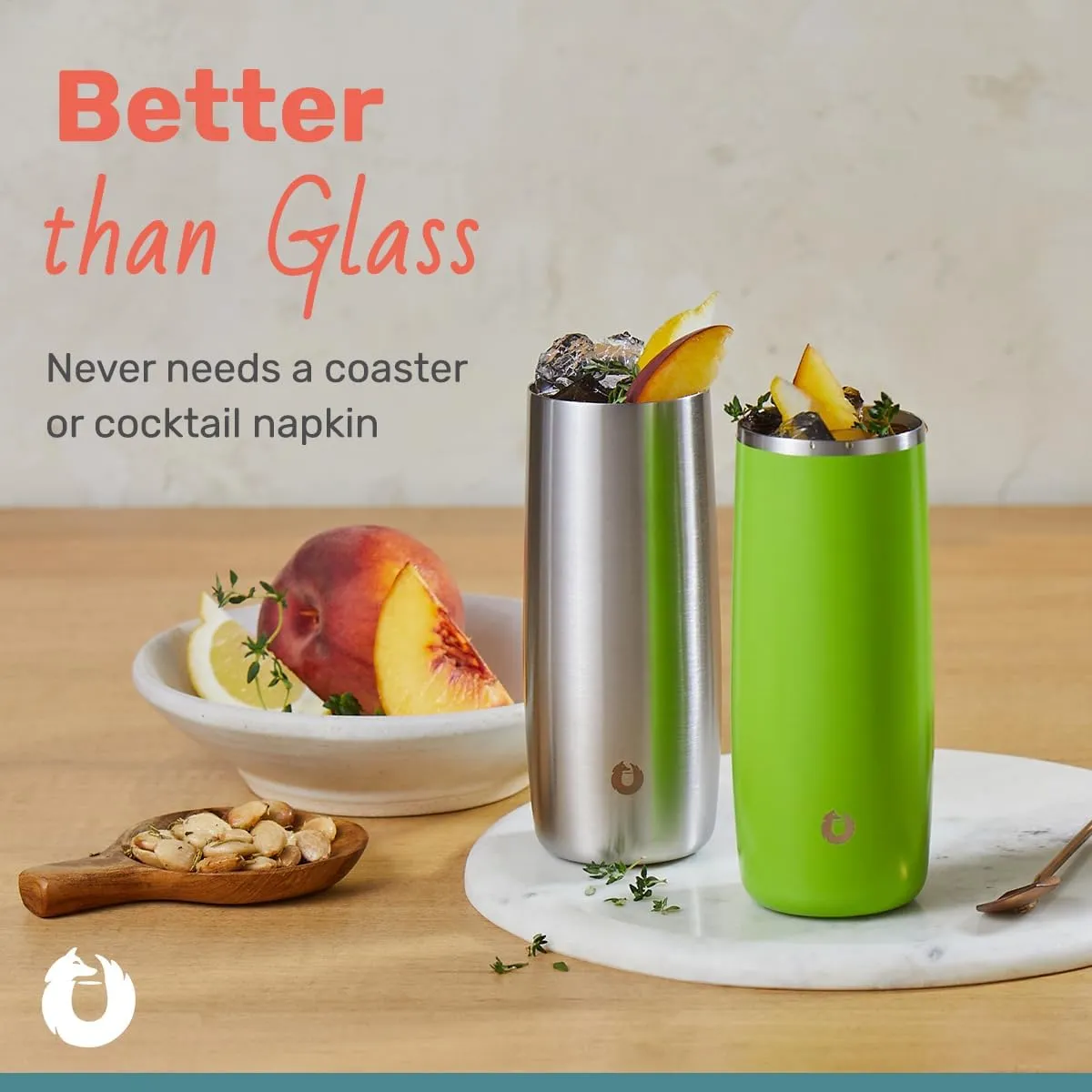 Snowfox Premium Vacuum Insulated Stainless Steel Cocktail Glass/Drink Tumbler, Set of 2, Drinks Stay Icy Cold, Thermal Highball Glasses, Elegant Home Entertaining, Classic Barware, 14.5 oz, Mermaid