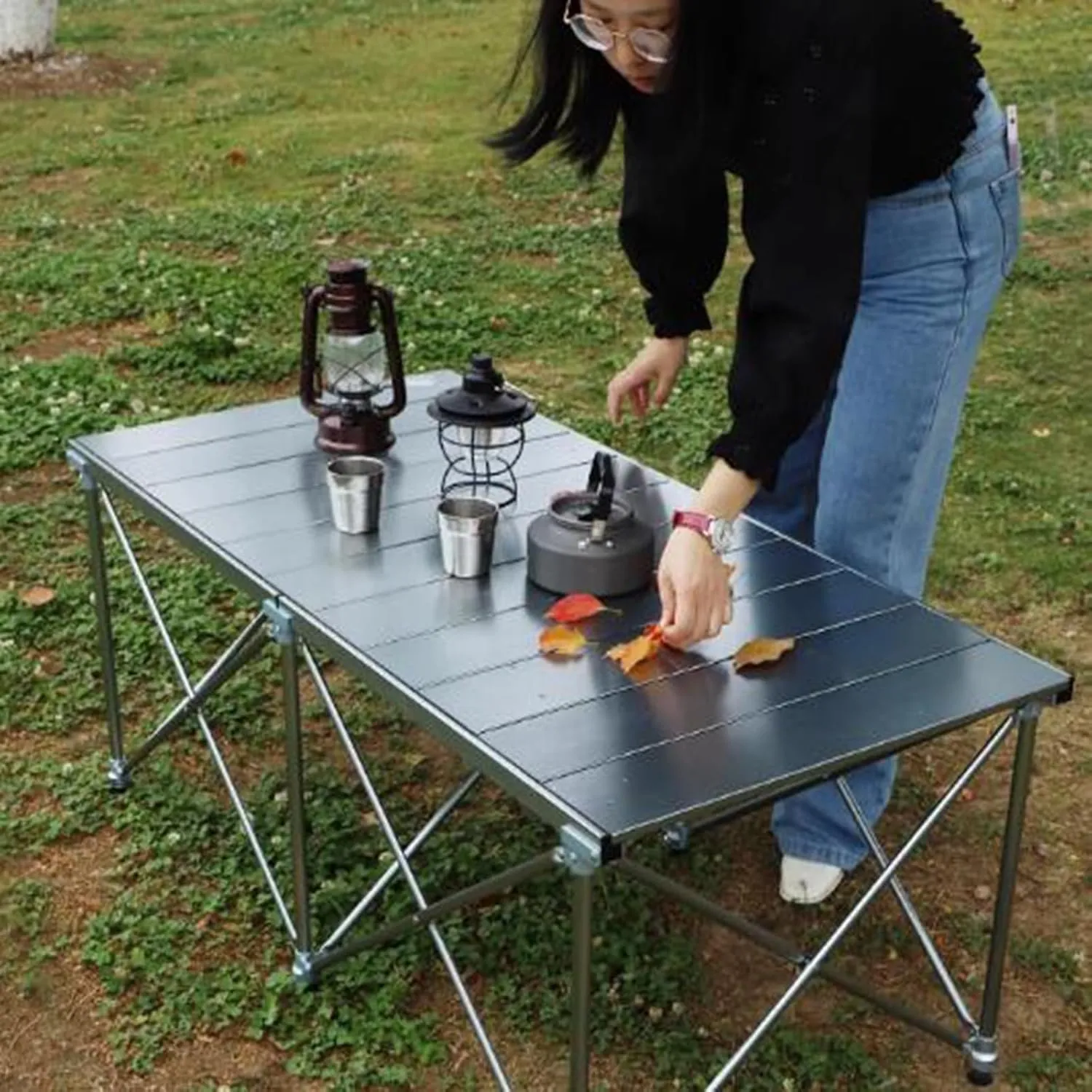 SOBOUR Lightweight Camping Table Portable Picnic Table Aluminum Folding Camping Table Roll Up Desktop for Outdoor Camping Hiking