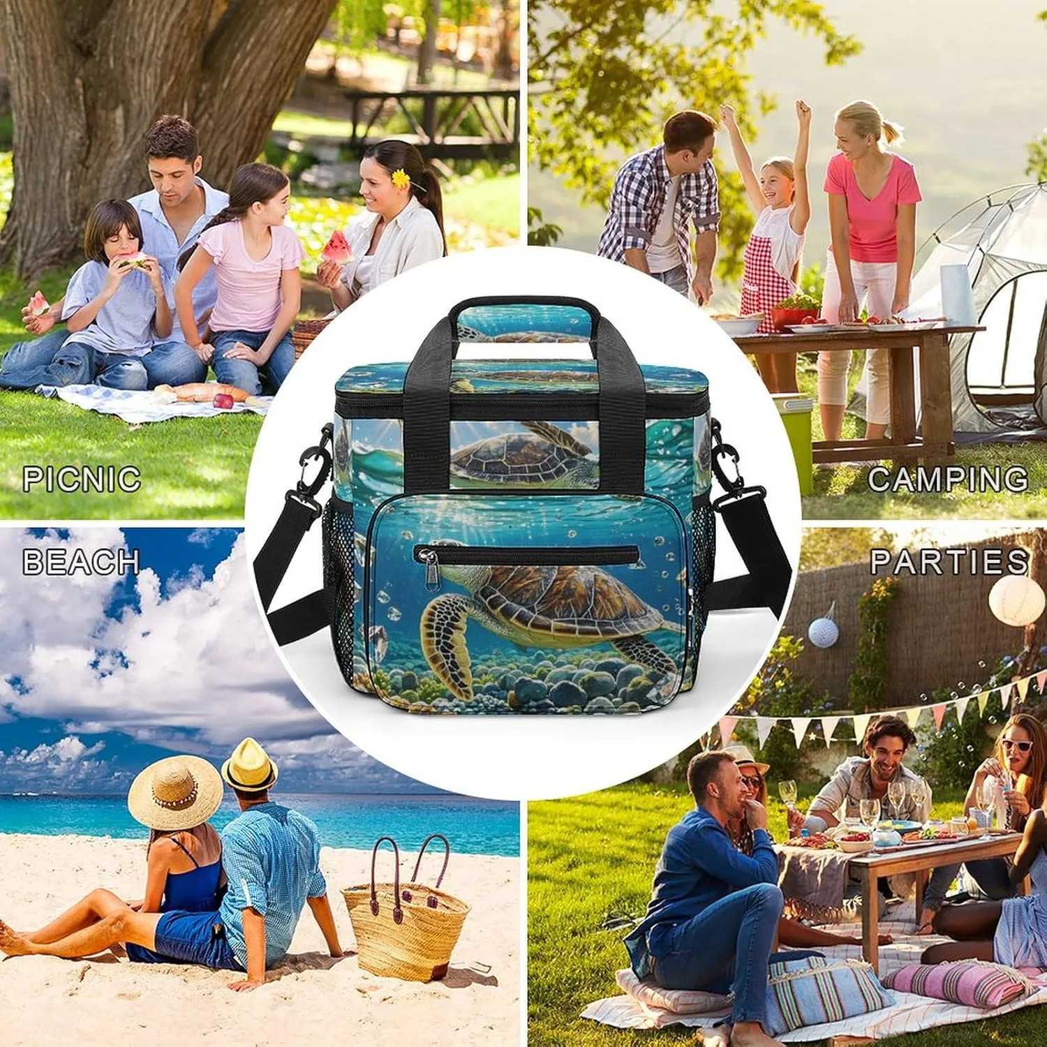 Soft Cooler Bag, 22L Collapsible Beach Cooler Bag,Sea Turtles Painting Printed Portable Ice Chest Leakproof Travel Cooler for Picnic, Outdoor Trip