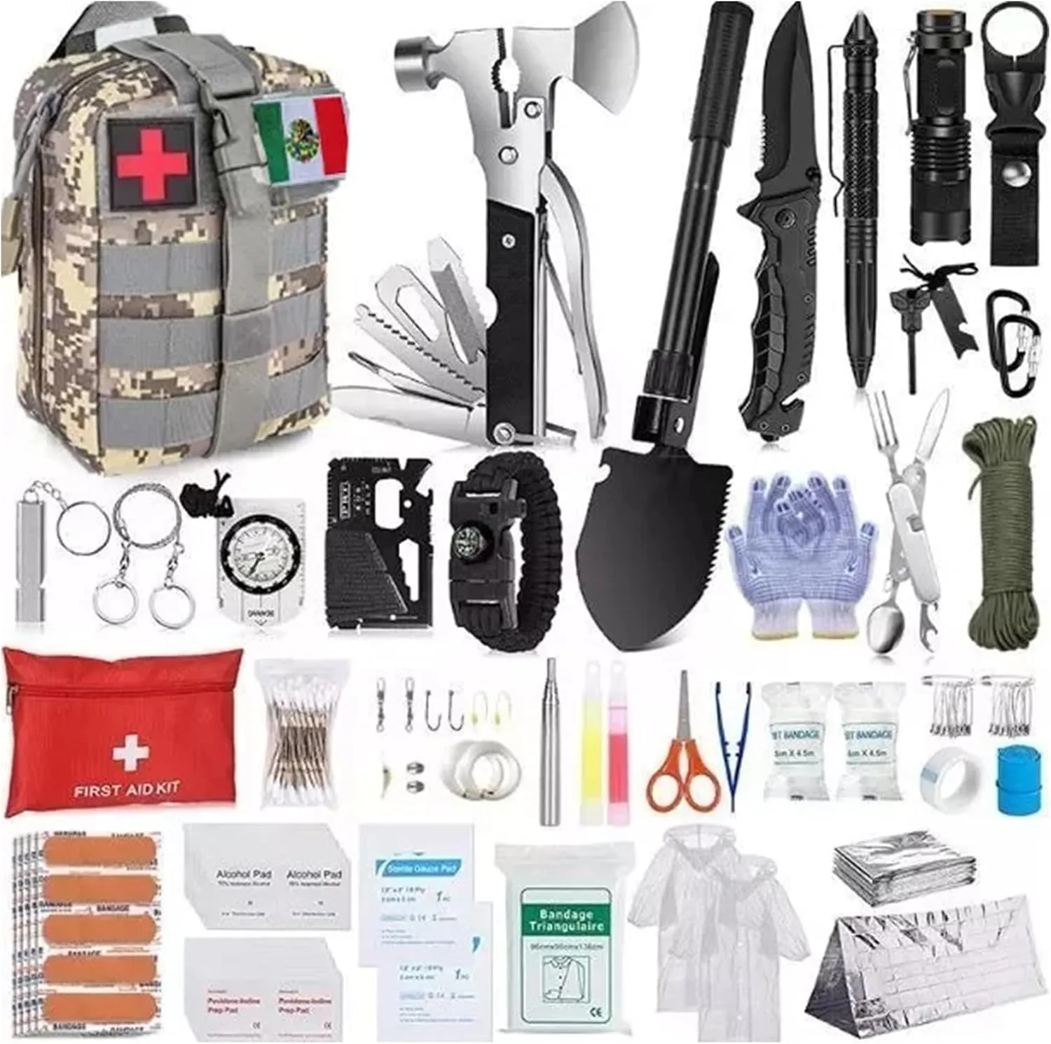 SOONHUA Survival Kit, 325Pcs Survival Gear and First Aid Kit, Emergency Supplies with Molle Bag Axe Shovel Emergency Tent for Outdoor Adventures, Camping, Hiking, Hunting, Fishing