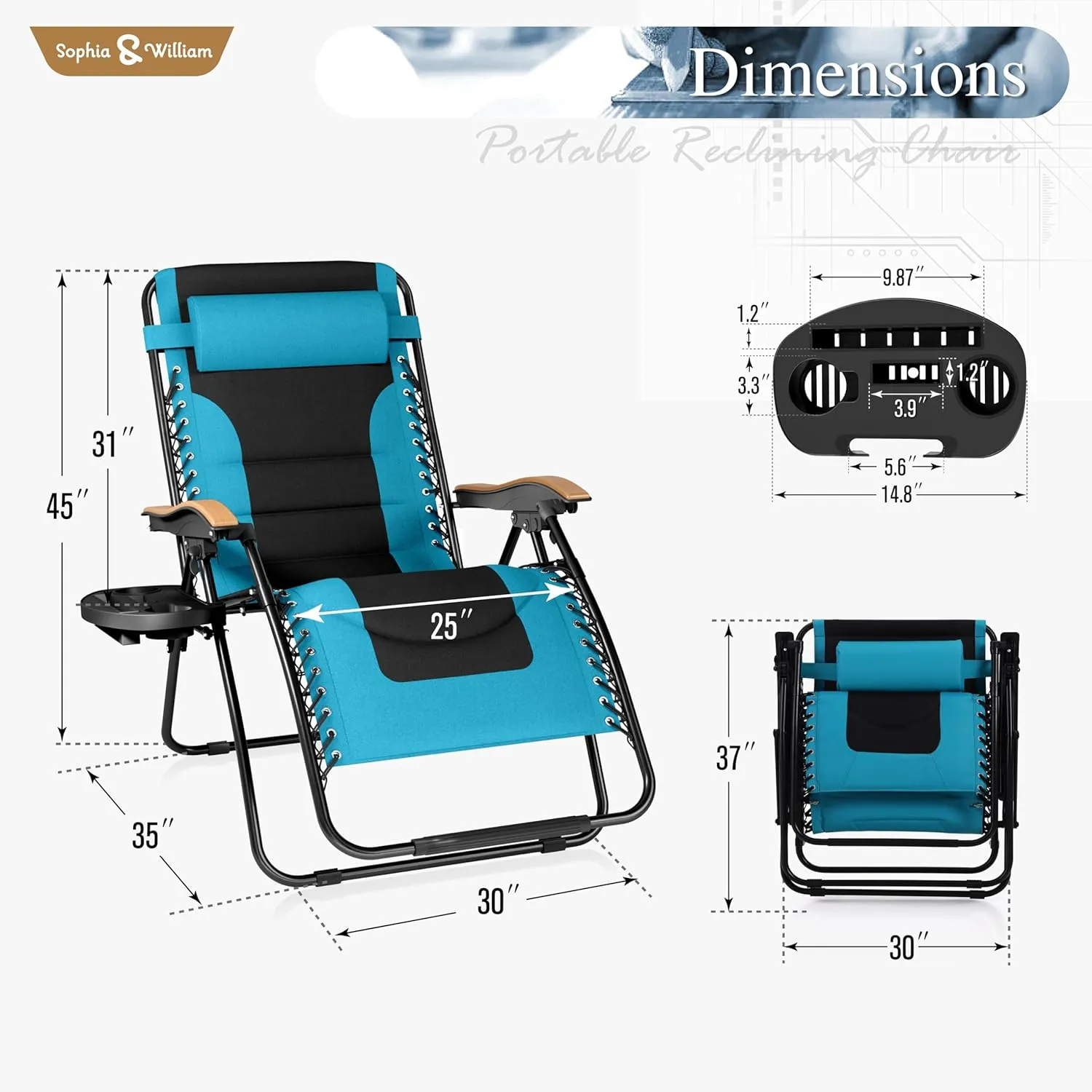 Sophia & William Oversized XL Zero Gravity Recliner Chair Set of 2 Padded Adjustable Folding Reclining Lounge Chair with Wide Armrest and Cup Holder, Support 400 LBS, Aqua