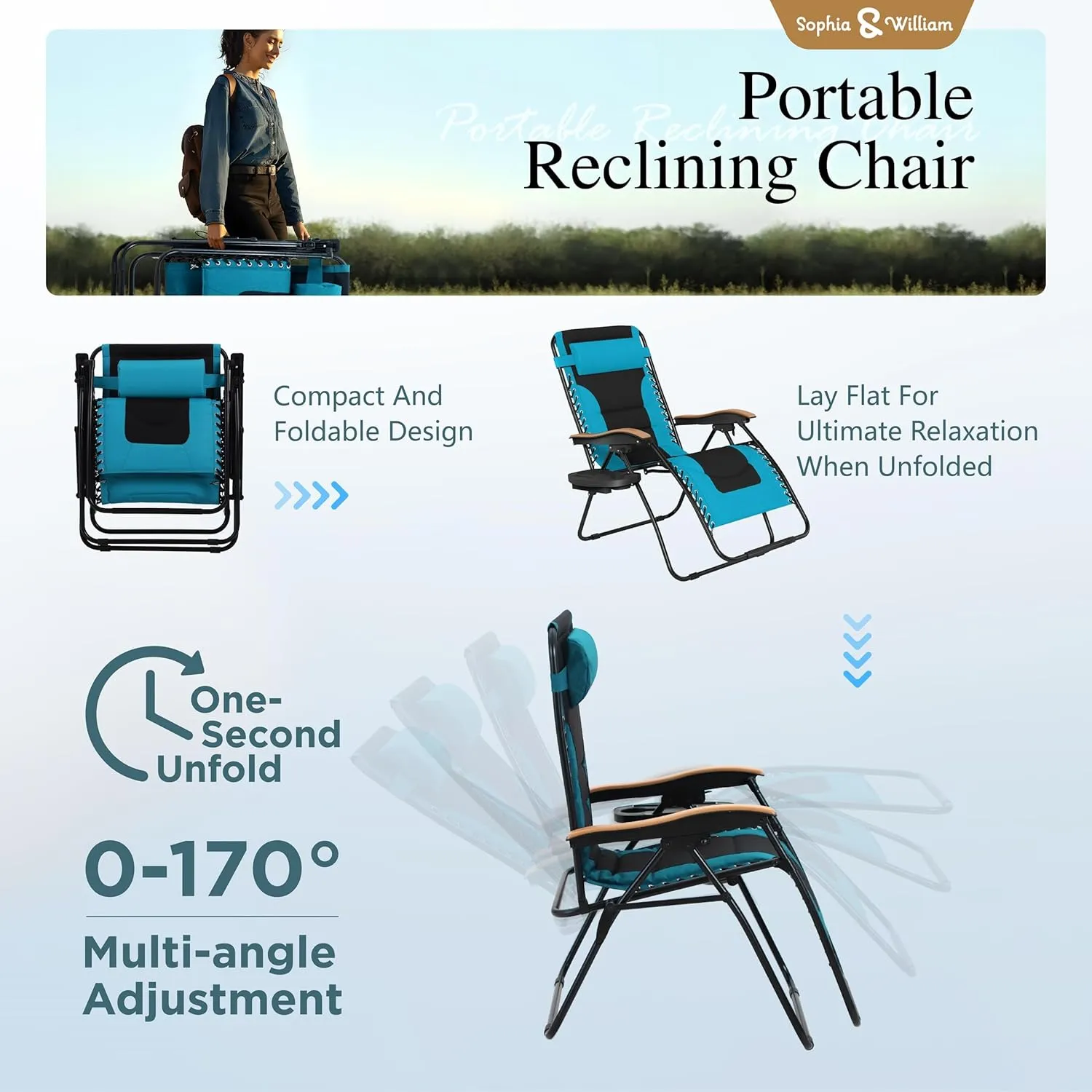 Sophia & William Oversized XL Zero Gravity Recliner Chair Set of 2 Padded Adjustable Folding Reclining Lounge Chair with Wide Armrest and Cup Holder, Support 400 LBS, Aqua
