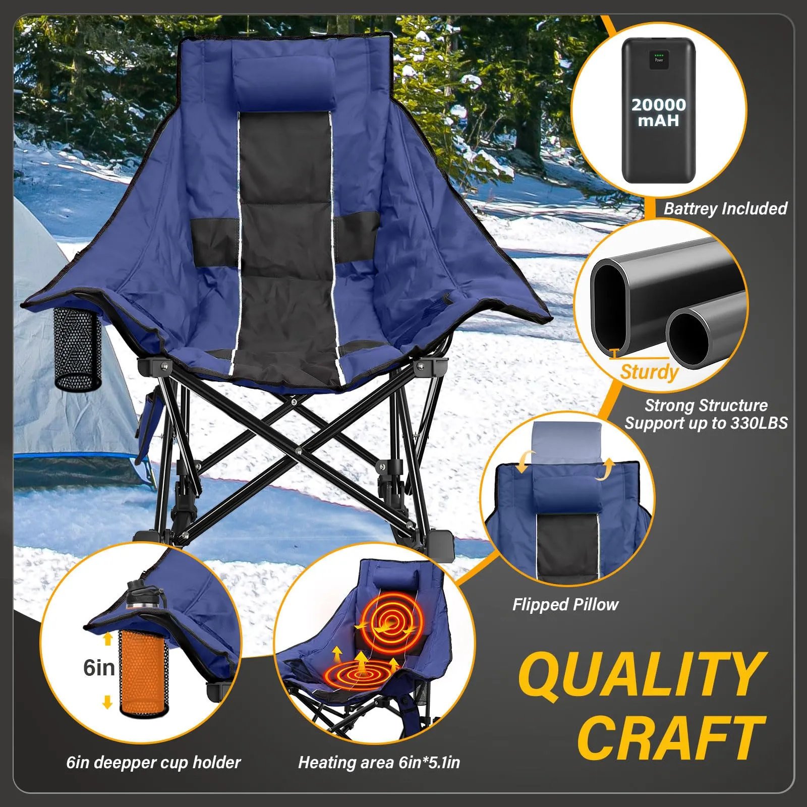 SOROVEE Heated Camping Chair Oversize, XL Heated Rocking Chair with 3 Levels for Back and Seat, Portable Outdoor Heated Folding Chair, Heavy Lawn Chair for Camping (Blue, Included Power Bank)