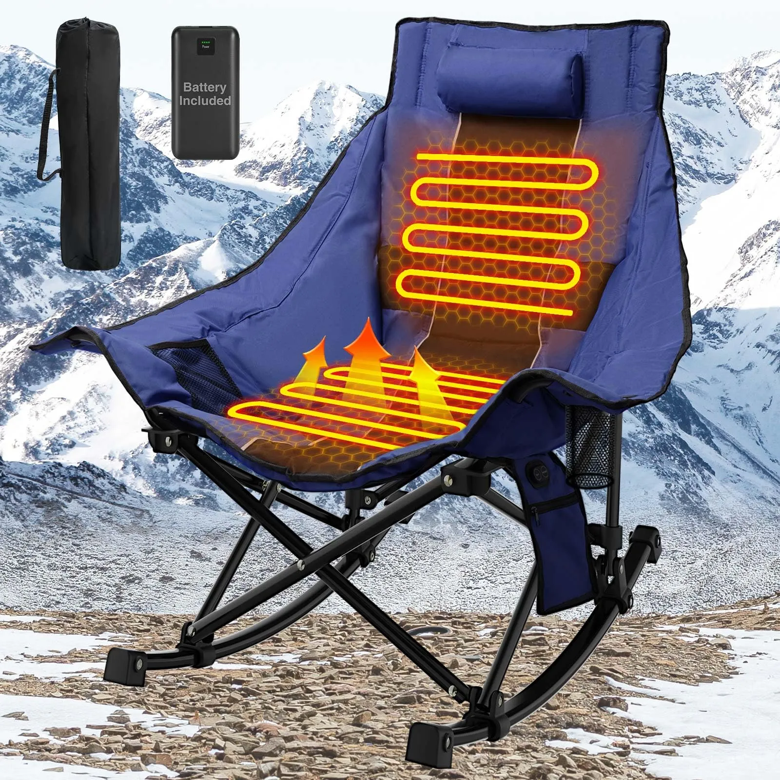 SOROVEE Heated Camping Chair Oversize, XL Heated Rocking Chair with 3 Levels for Back and Seat, Portable Outdoor Heated Folding Chair, Heavy Lawn Chair for Camping (Blue, Included Power Bank)