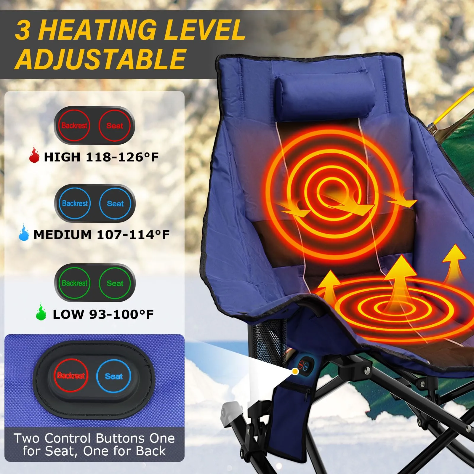 SOROVEE Heated Camping Chair Oversize, XL Heated Rocking Chair with 3 Levels for Back and Seat, Portable Outdoor Heated Folding Chair, Heavy Lawn Chair for Camping (Blue, Included Power Bank)