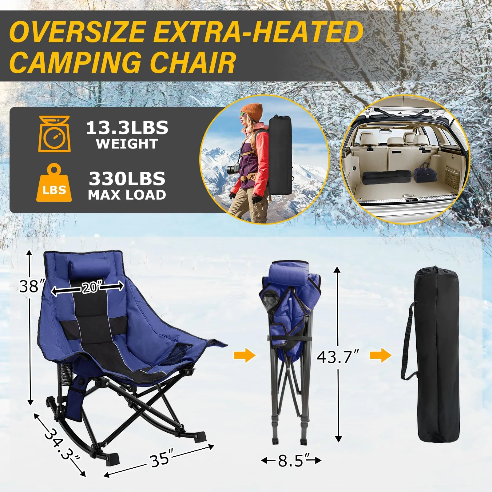 SOROVEE Heated Camping Chair Oversize, XL Heated Rocking Chair with 3 Levels for Back and Seat, Portable Outdoor Heated Folding Chair, Heavy Lawn Chair for Camping (Blue, Included Power Bank)