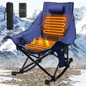SOROVEE Heated Camping Chair Oversize, XL Heated Rocking Chair with 3 Levels for Back and Seat, Portable Outdoor Heated Folding Chair, Heavy Lawn Chair for Camping (Blue, Included Power Bank)