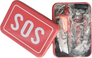 SOS Emergency Survival Kit with Multi-Tool Pliers, Compass, Whistle, Card Knife in Metal Storage Box, Red