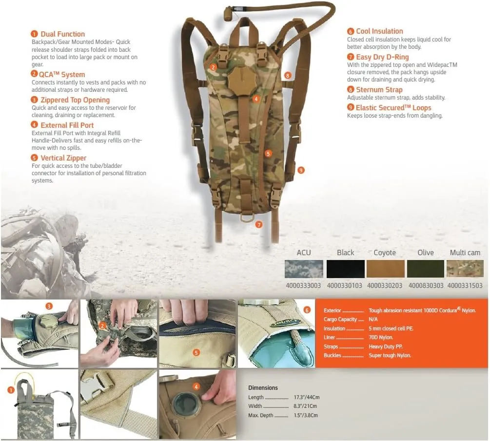 Source Tactical Hydration Pack - 3L WXP Widepac Water Bladder with External Fill Port - High-Flow Storm Drinking Valve - Dual Function: Backpack/MOLLE Mounted Modes