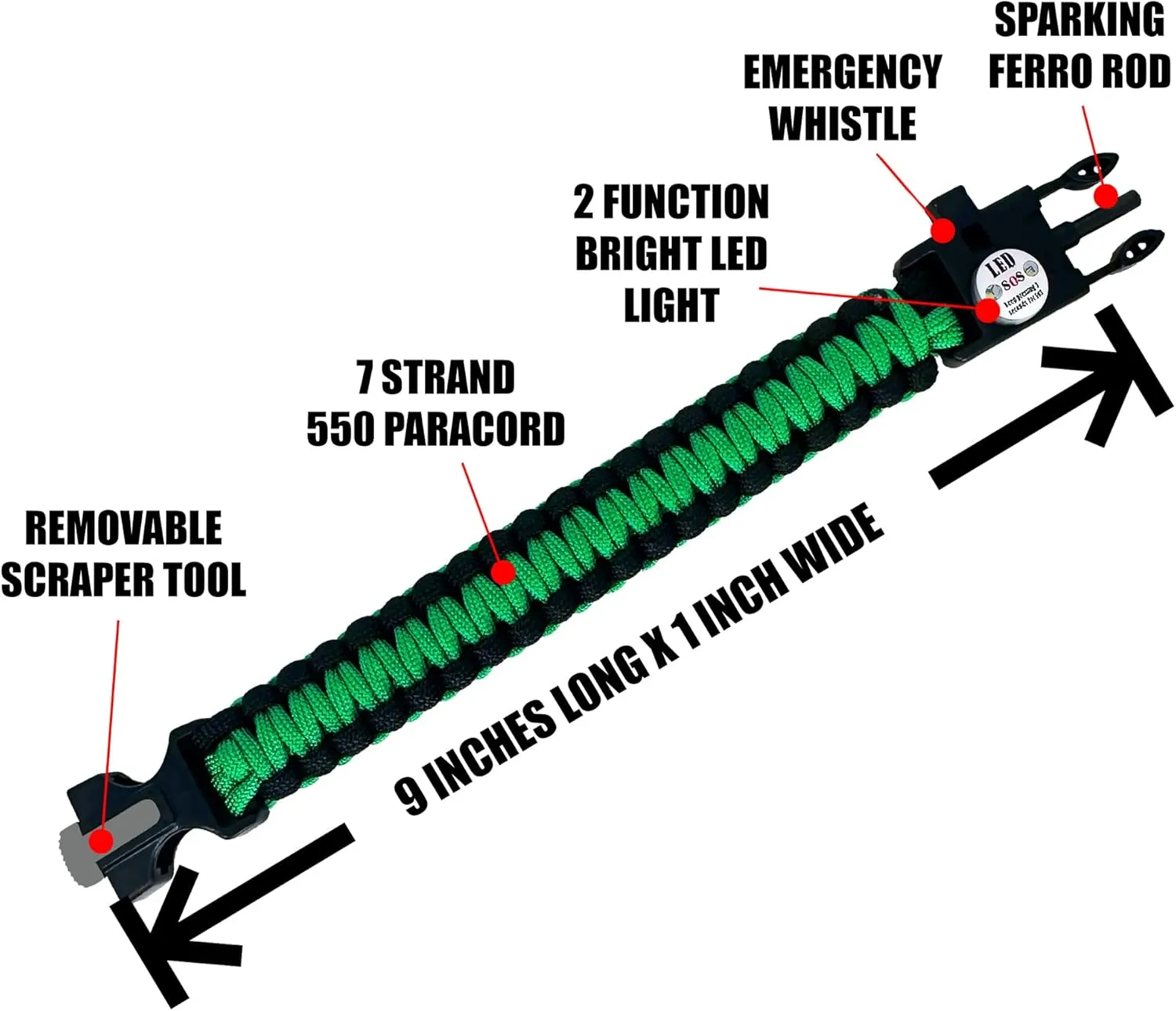 Spark and Shine Paracord Bracelet - Green Line - Bright LED SOS Light and Ferro Rod with Scraping Tool - Emergency Survival Whistle - 550 Paracord - Perfect Tool for The Outdoors (5)