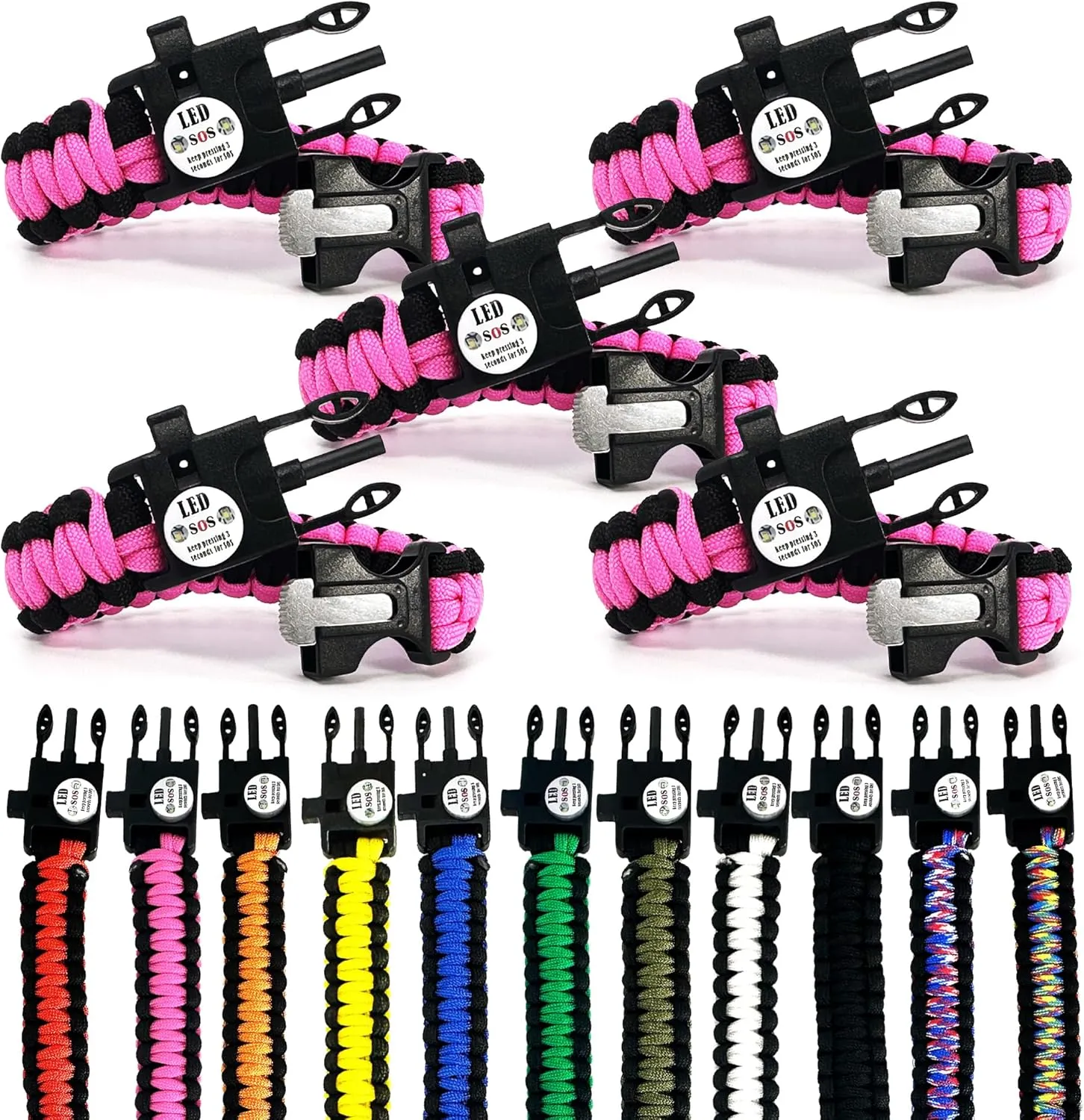 Spark and Shine Paracord Bracelet - Pink - Bright LED SOS Light and Ferro Rod with Scraping Tool - Emergency Survival Whistle - 550 Paracord - Perfect Tool for The Outdoors (5)