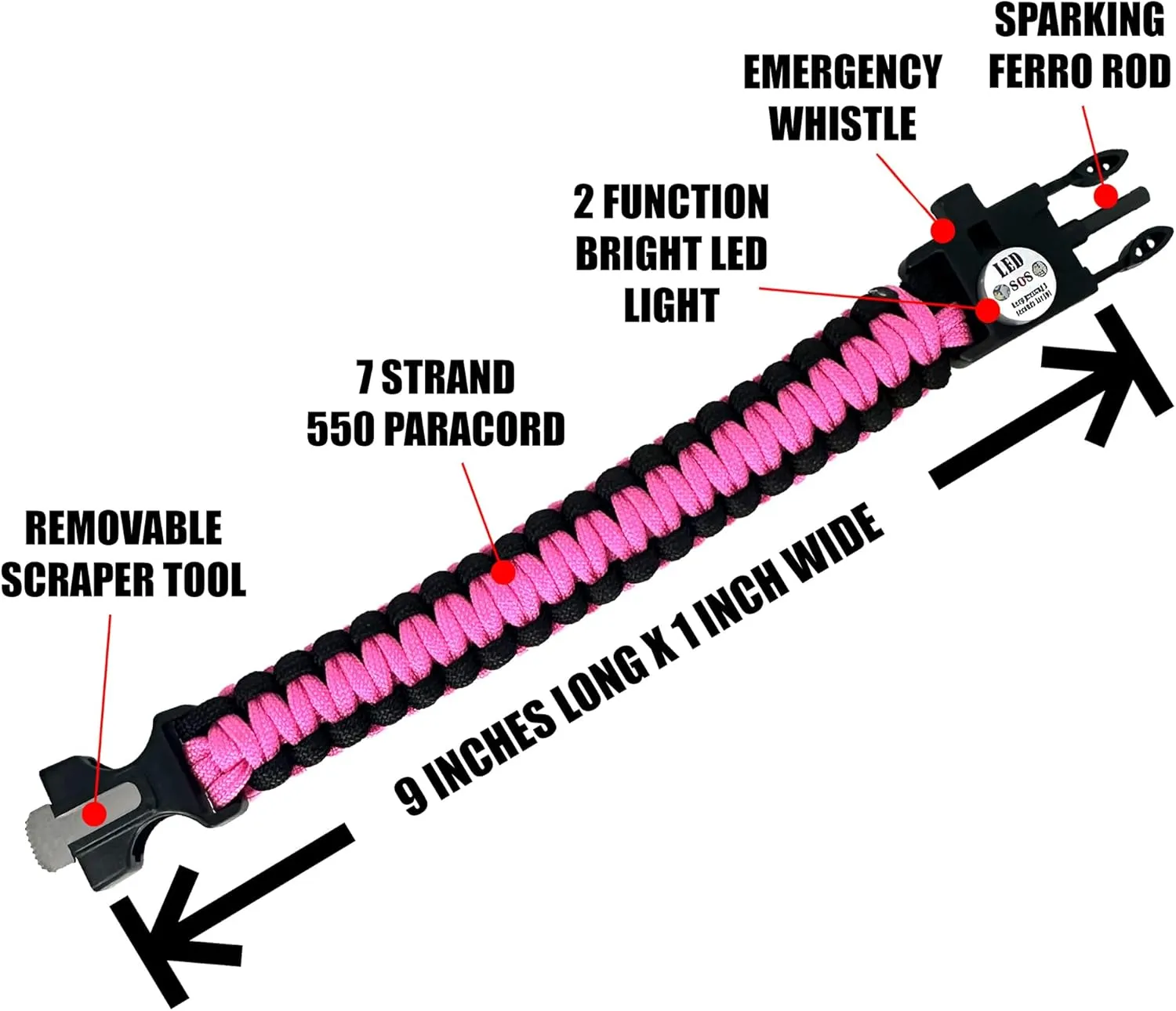 Spark and Shine Paracord Bracelet - Pink - Bright LED SOS Light and Ferro Rod with Scraping Tool - Emergency Survival Whistle - 550 Paracord - Perfect Tool for The Outdoors (5)