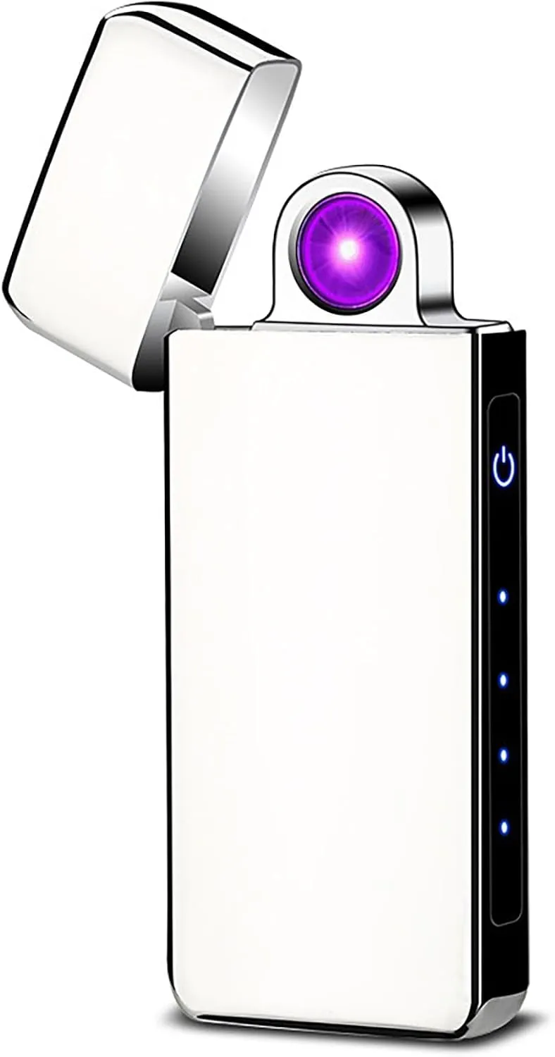 Spinning Arc Lighter，USB Rechargeable Electric Lighter with Touch Sensor Switch LED Battery Level Indicators for Candles Incences etc. （ICY Silver）