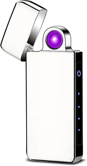 Spinning Arc Lighter，USB Rechargeable Electric Lighter with Touch Sensor Switch LED Battery Level Indicators for Candles Incences etc. （ICY Silver）