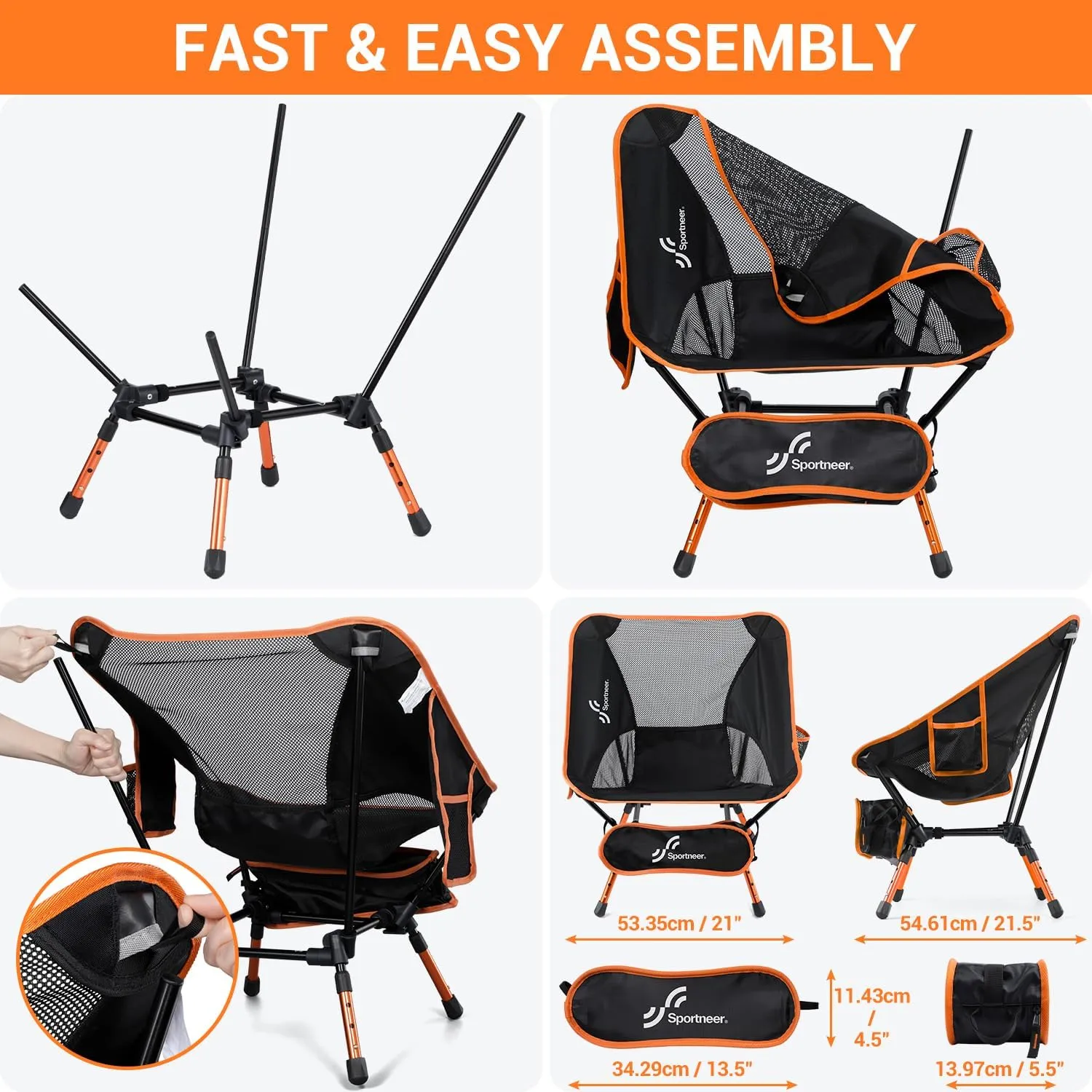 Sportneer Camping Chairs: 3 Heights Adjustable Folding Chairs for Outside with 2 Side Pockets - Compact & Portable Lawn Chairs for Backpacking, Camping, Hiking, Picnic and Travel (2, Orange)
