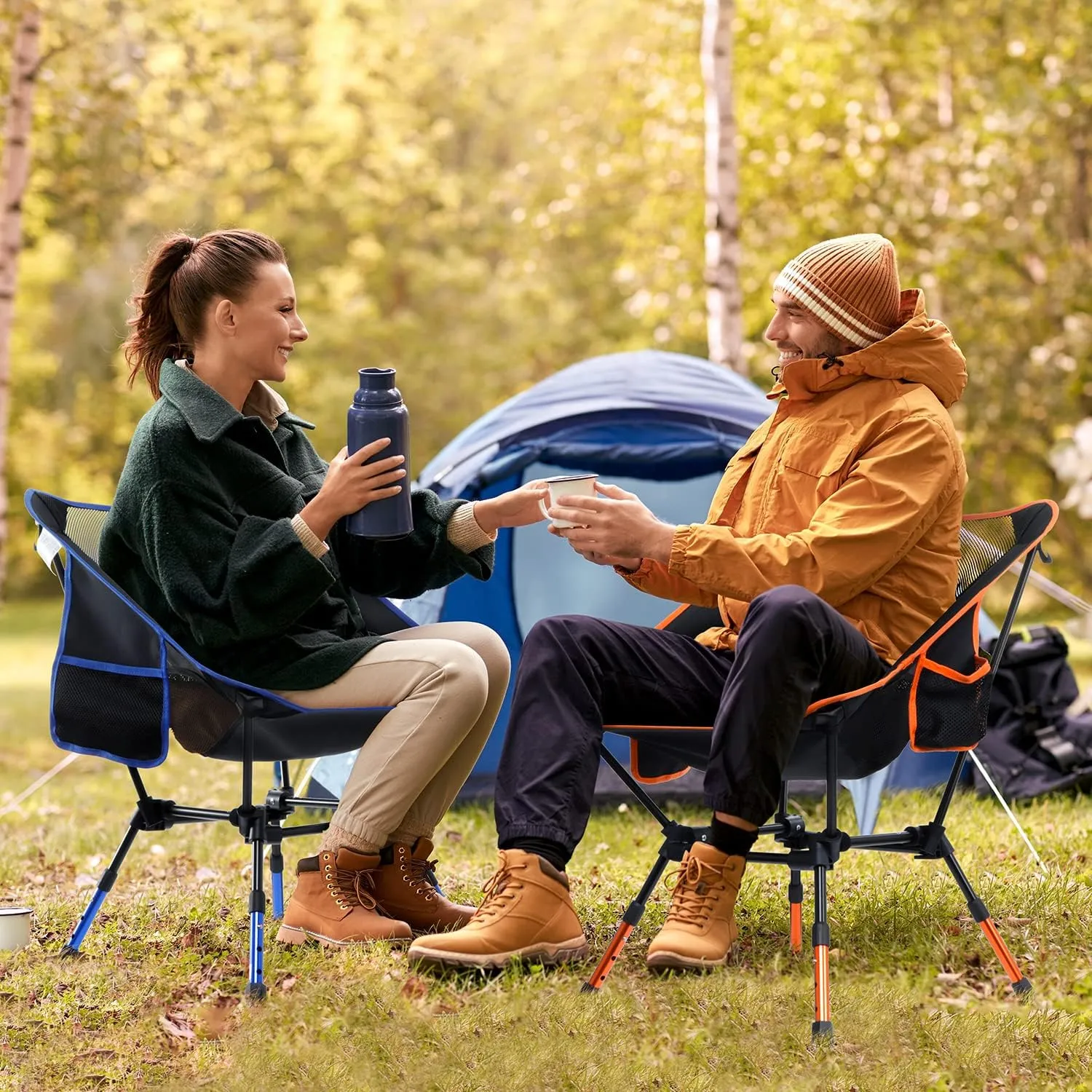 Sportneer Camping Chairs: 3 Heights Adjustable Folding Chairs for Outside with 2 Side Pockets - Compact & Portable Lawn Chairs for Backpacking, Camping, Hiking, Picnic and Travel (2, Orange)