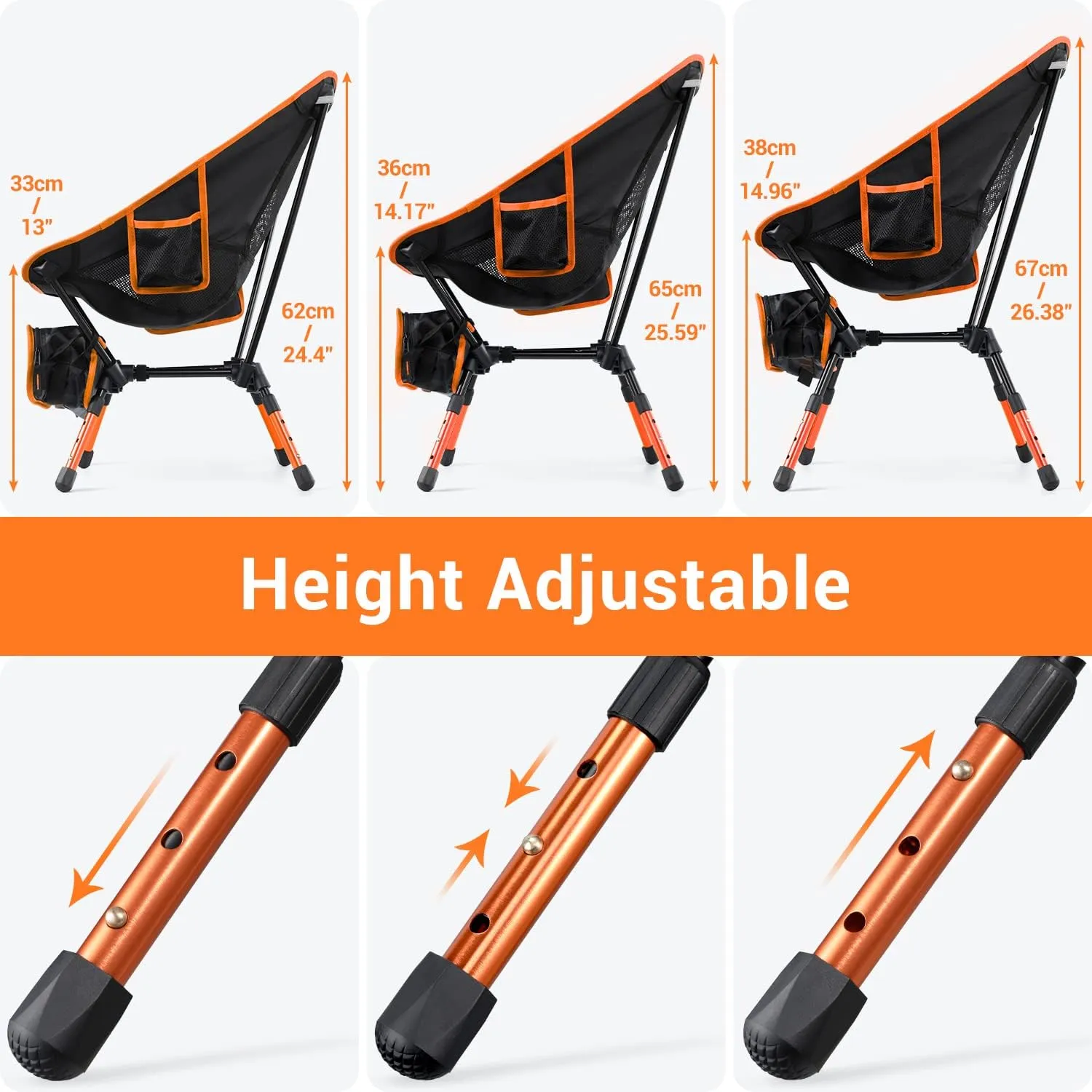 Sportneer Camping Chairs: 3 Heights Adjustable Folding Chairs for Outside with 2 Side Pockets - Compact & Portable Lawn Chairs for Backpacking, Camping, Hiking, Picnic and Travel (2, Orange)