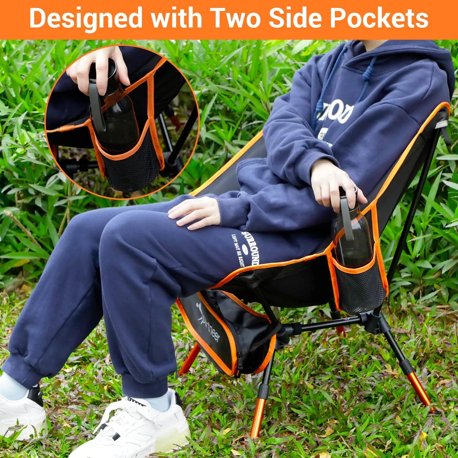 Sportneer Camping Chairs: 3 Heights Adjustable Folding Chairs for Outside with 2 Side Pockets - Compact & Portable Lawn Chairs for Backpacking, Camping, Hiking, Picnic and Travel (2, Orange)