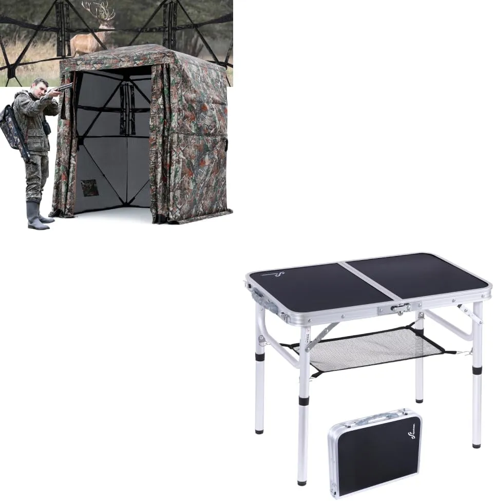 Sportneer Camping Table & Hunting Blind, Adjustable Height Small Folding Table with Mesh Layer, 80" Tall 270 Degree See Through Ground Blind for Deer Hunting