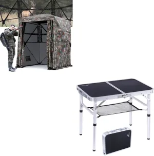 Sportneer Camping Table & Hunting Blind, Adjustable Height Small Folding Table with Mesh Layer, 80" Tall 270 Degree See Through Ground Blind for Deer Hunting