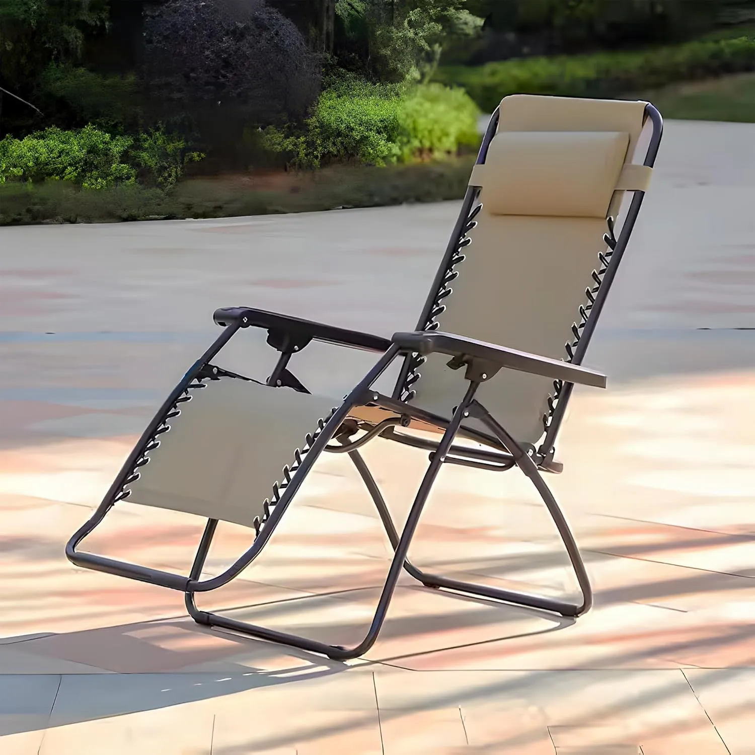 Sports Zero Gravity Outdoor Portable Folding Camping Lawn Deck Patio Pool Recliner Lounge Chair for Adults, Adjustable Headrest, Beige