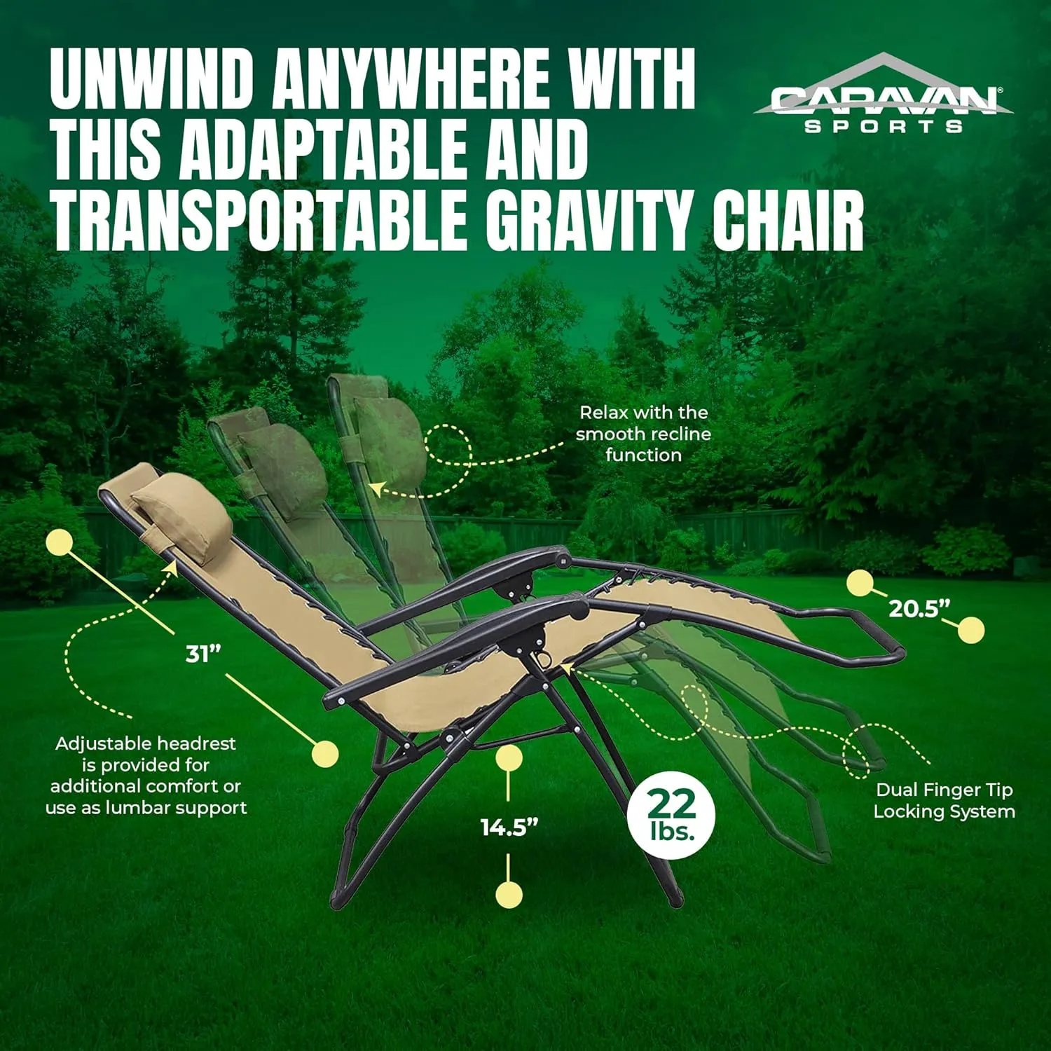 Sports Zero Gravity Outdoor Portable Folding Camping Lawn Deck Patio Pool Recliner Lounge Chair for Adults, Adjustable Headrest, Beige