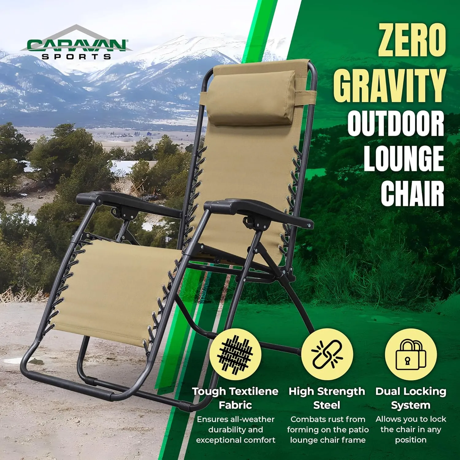 Sports Zero Gravity Outdoor Portable Folding Camping Lawn Deck Patio Pool Recliner Lounge Chair for Adults, Adjustable Headrest, Beige