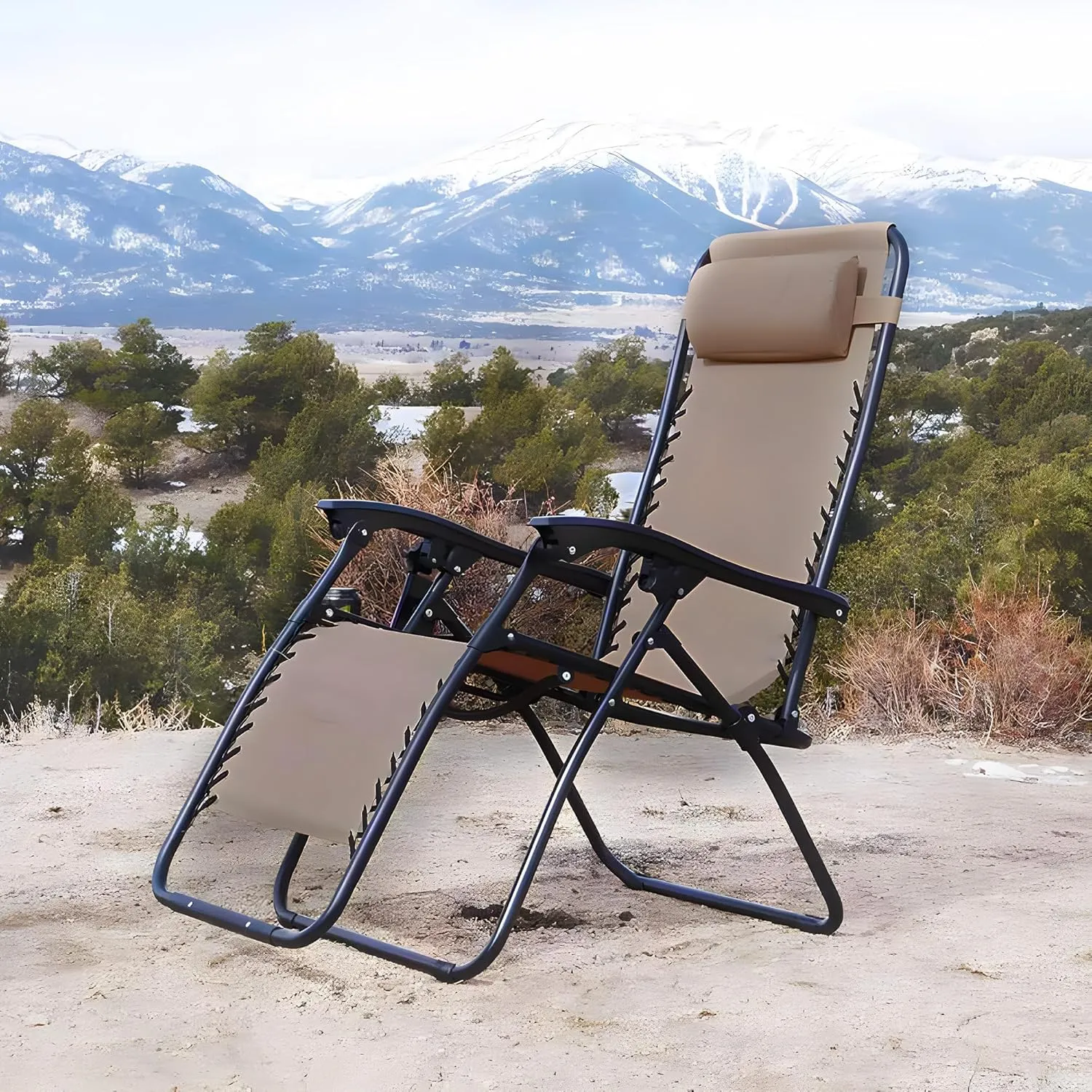 Sports Zero Gravity Outdoor Portable Folding Camping Lawn Deck Patio Pool Recliner Lounge Chair for Adults, Adjustable Headrest, Beige