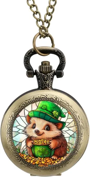 St. Patrick's Day Hedgehog Wearing Green Hat Vintage Quartz Pocket Watch with Chain Numerals Scale for Christmas Graduation Birthday