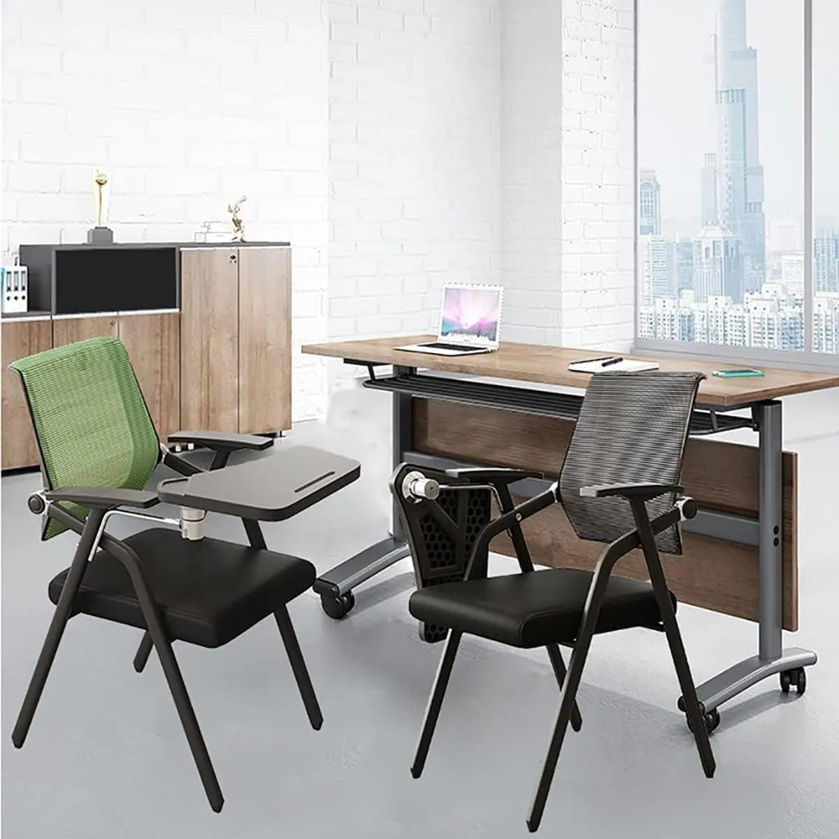 Stackable & Foldable Office Chairs Conference Room Chairs Mesh Back Stacking Arm Chairs for Home Office Desk Folding Chairs Guest Reception Meeting Chair with Lumbar Support
