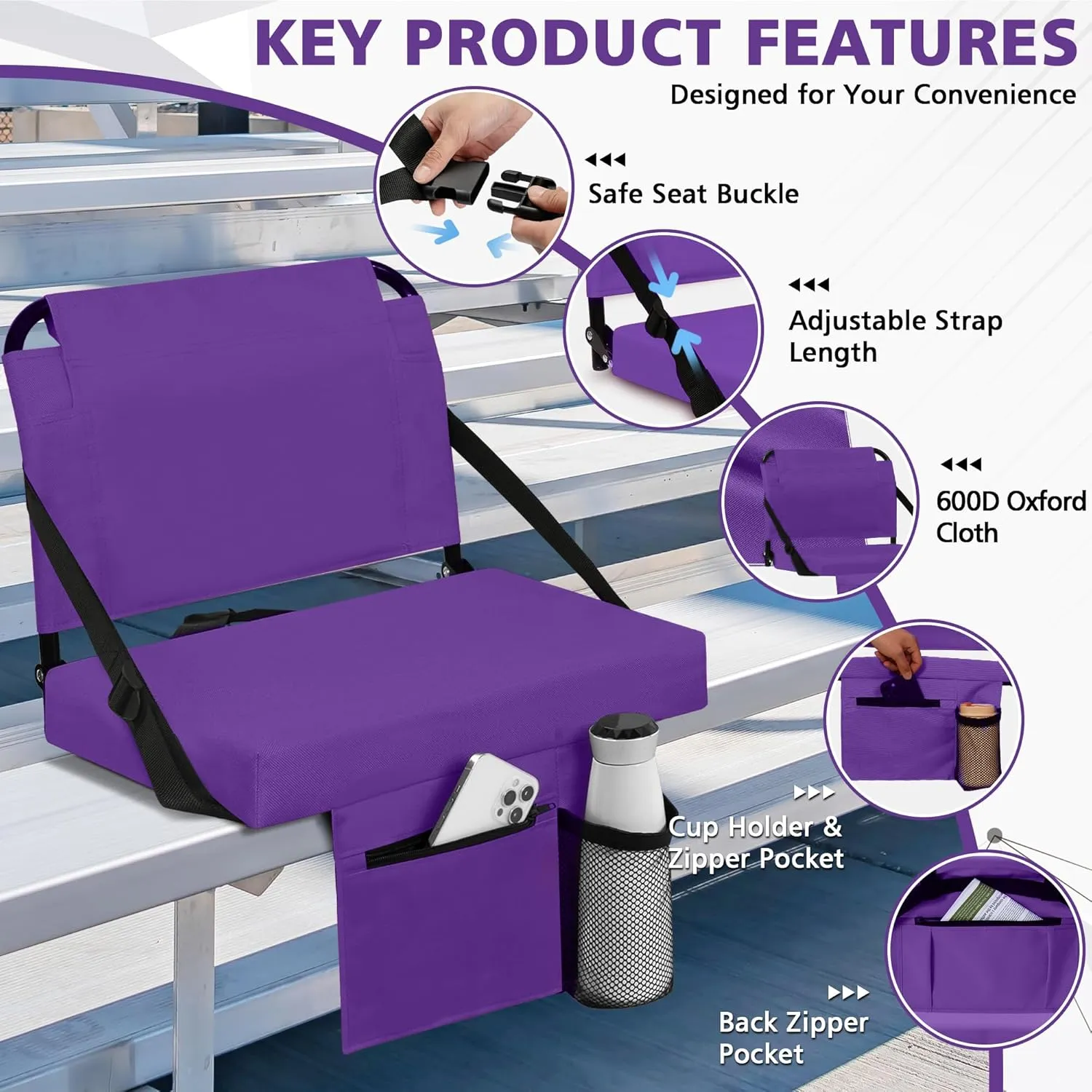 Stadium Seat for Bleachers with Back Support and Wide Padded Cushion Stadium Chair - Includes Shoulder Strap and Cup Holder