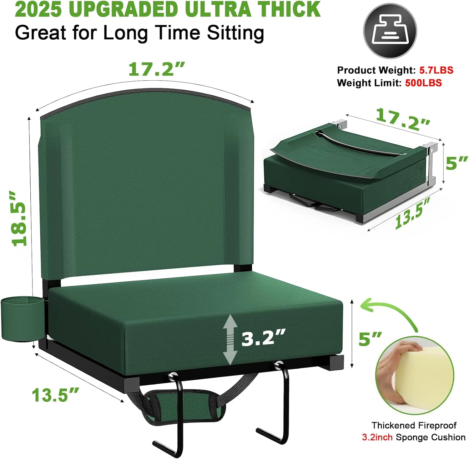 Stadium Seats with Back Support, Portable Bleacher Seat for Bleachers Hold up 400lbs, Wide Bleacher Seat with Shoulder Strap & Handle Perfect for Sports Events (Green, 1pcs)