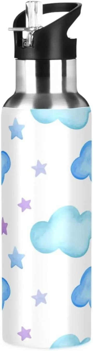 Stars & Clouds Sports Water Bottle with Straw, 22oz BPA Free Stainless Steel Vacuum Insulated Bottle for Gym Fitness Outdoor