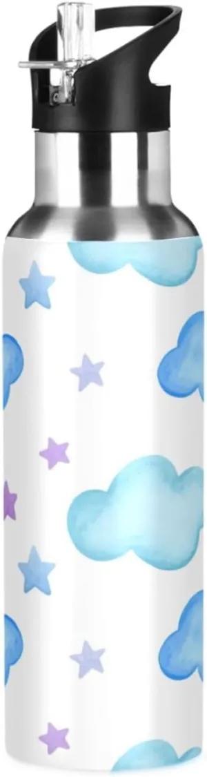 Stars & Clouds Sports Water Bottle with Straw, 22oz BPA Free Stainless Steel Vacuum Insulated Bottle for Gym Fitness Outdoor