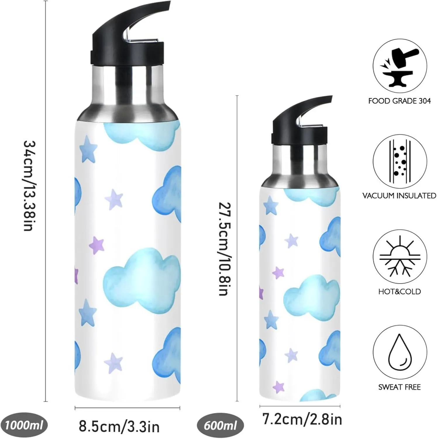Stars & Clouds Sports Water Bottle with Straw, 22oz BPA Free Stainless Steel Vacuum Insulated Bottle for Gym Fitness Outdoor