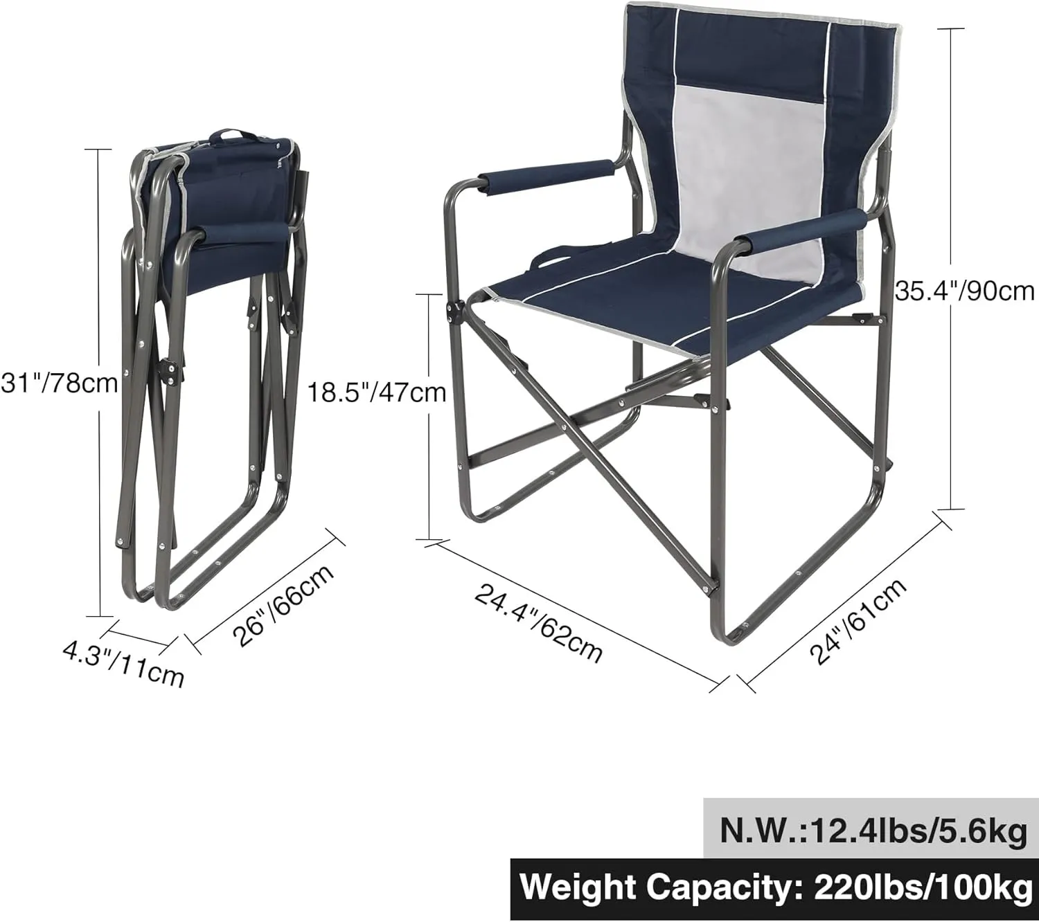 Steel Folding Director Chairs for Adults Heavy Duty, Portable Lightweight Camping Chair Outdoor Indoor for Patio Lawn Travel Sports Fishing, Navy Blue