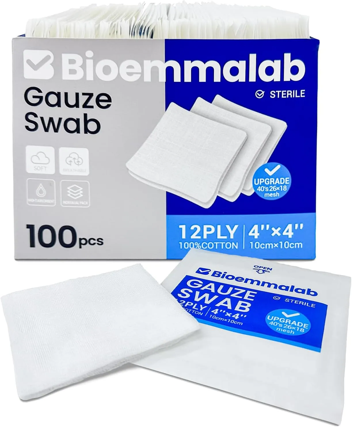 Sterile 4x4 Non Stick Gauze Pads for Medical Wounds Bulk Pack of 100 Large Squares, 12-Ply Thick Soft Cotton Woven First Aid Bandage Dressing, White Individually Wrapped Surgical Care Sheets for Hurt